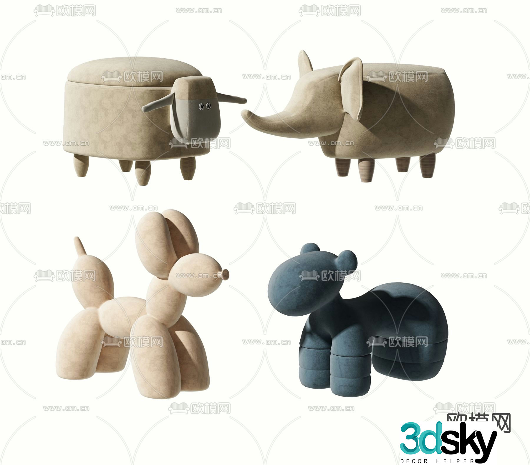 Modern flannel animal children’s stool 3d model
