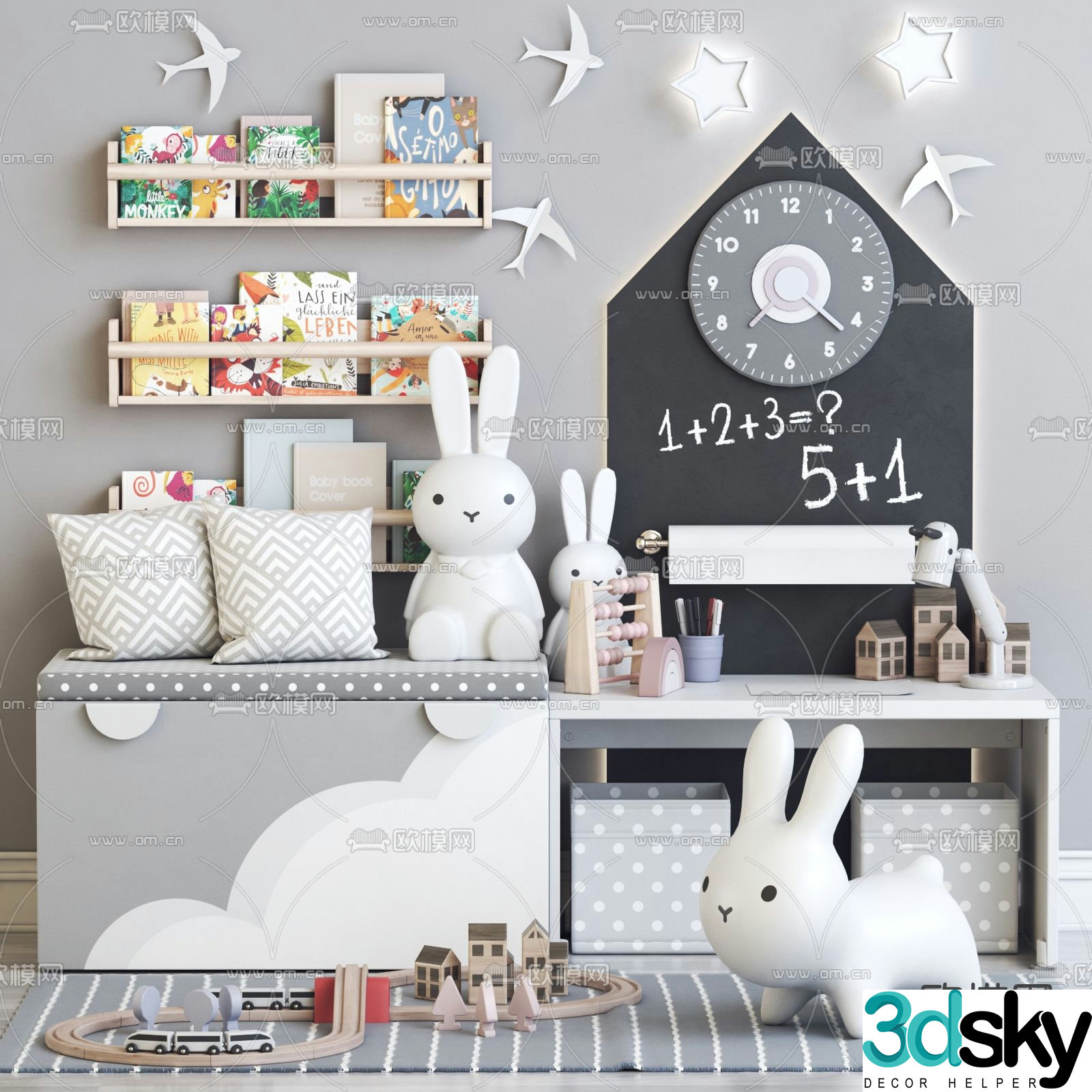 Nordic children’s bench wall mounted bookshelf toys 3d model