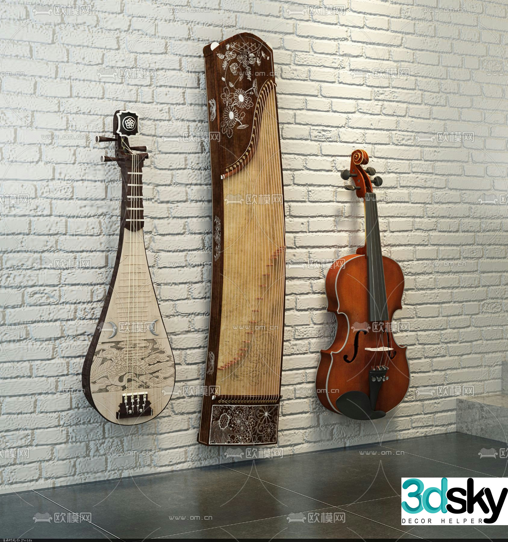 Modern pipa, guzheng, violin 3d model
