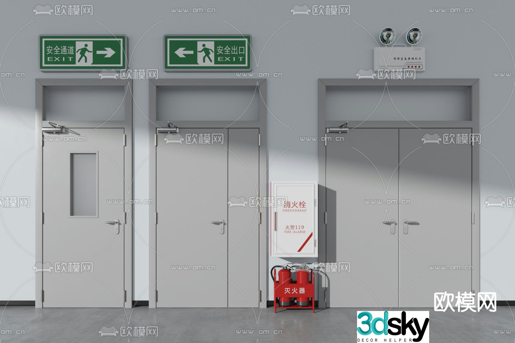Modern fire door sign fire extinguisher 3d model