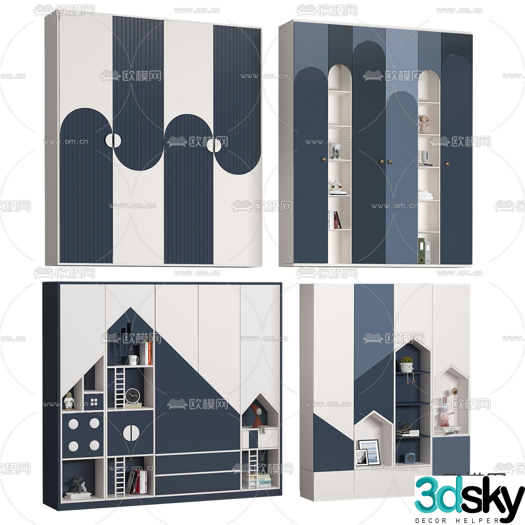 Modern solid wood children’s wardrobe bookcase 3d model