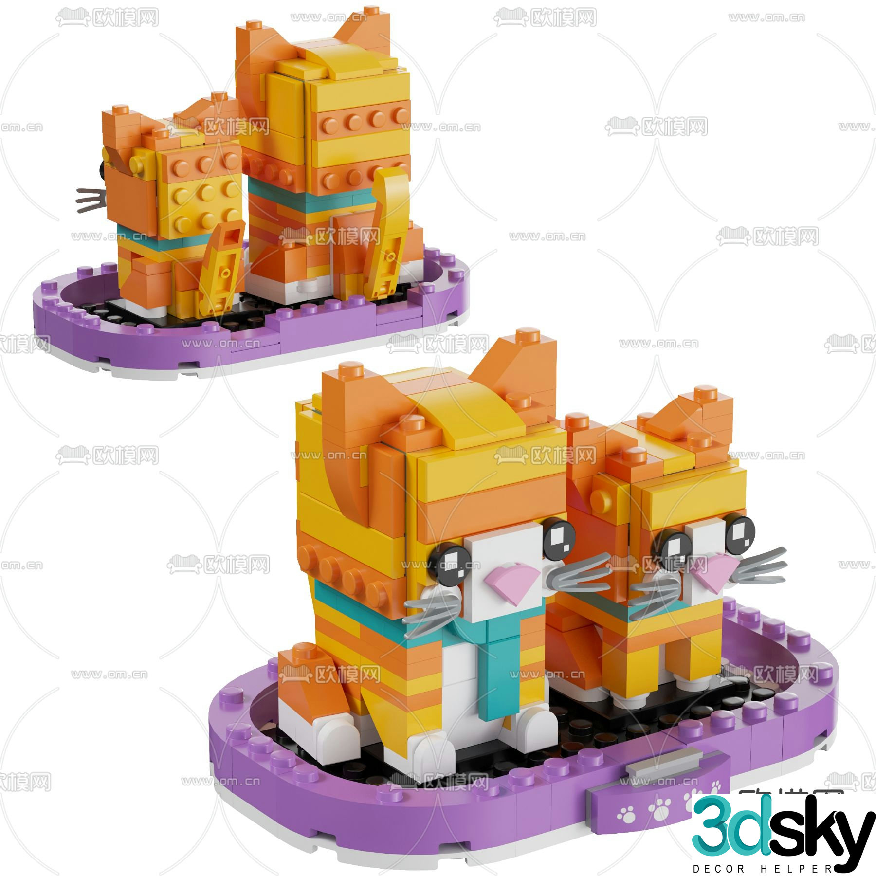 Modern building blocks yellow tabby cat toy 3d model