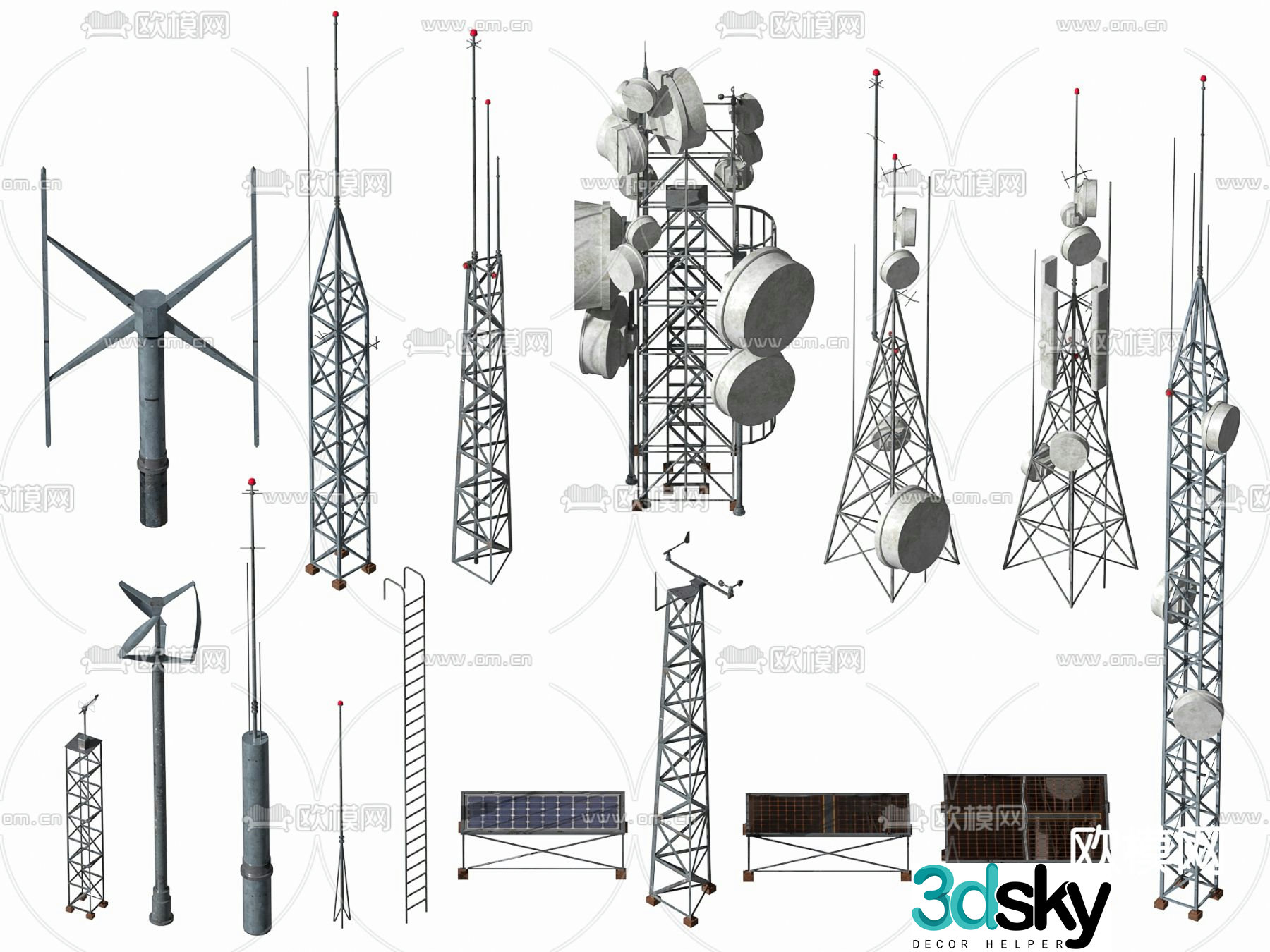 Modern signal tower lightning rod solar panel 3d model