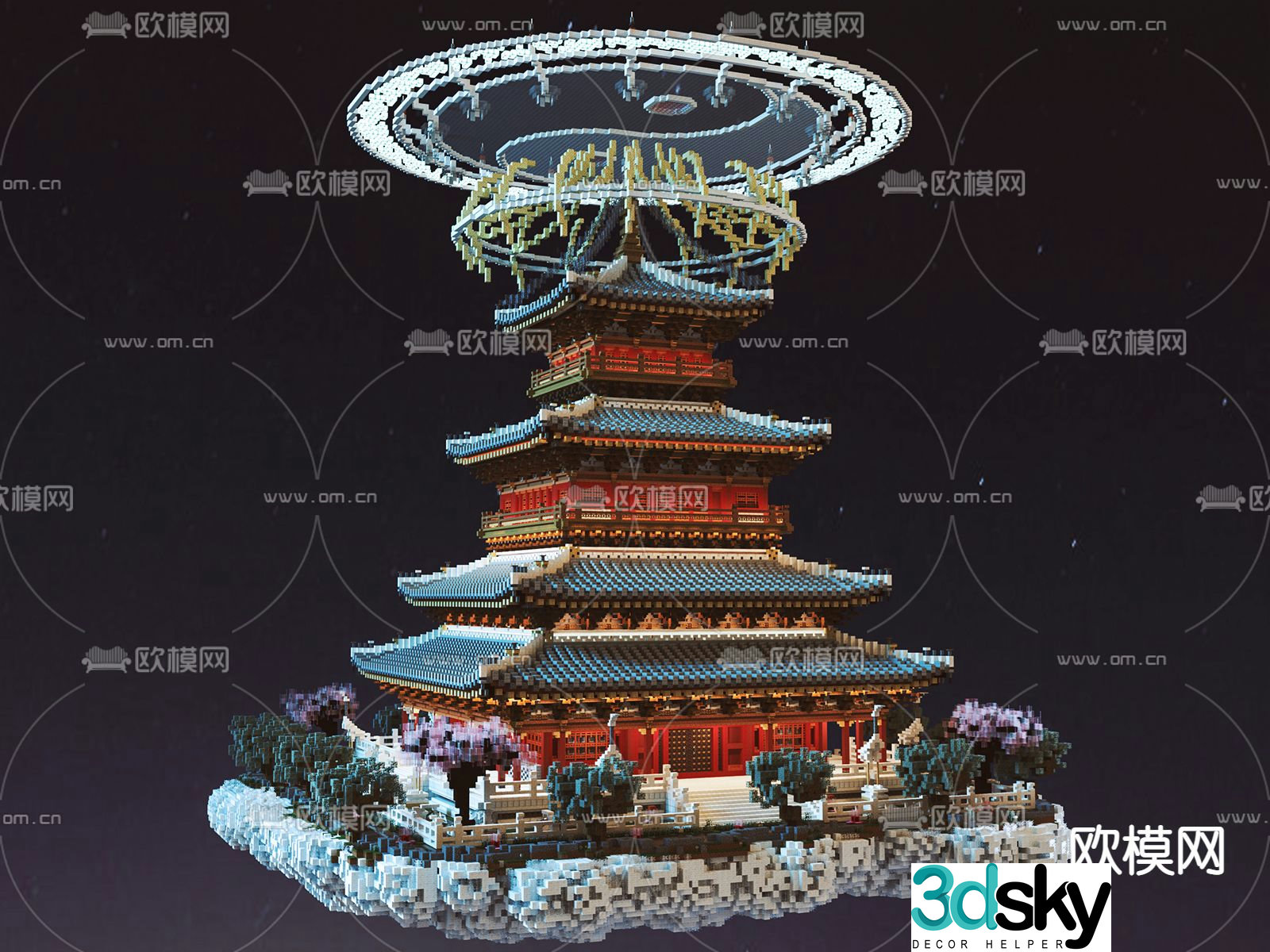 Chinese ancient building tower building block toy 3D model