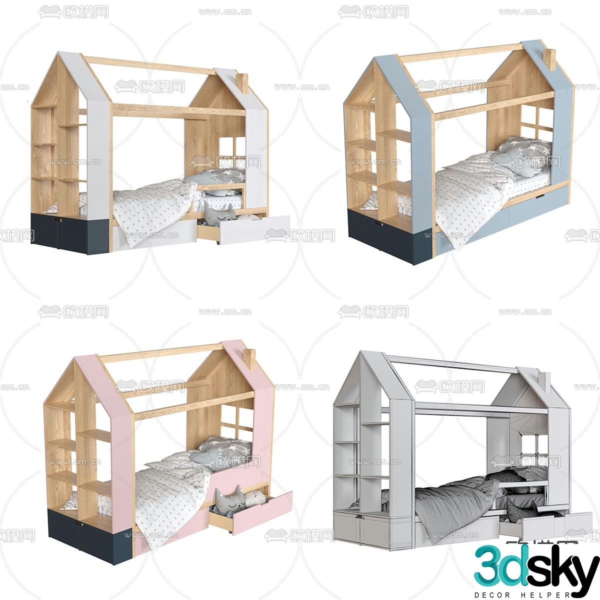 Modern solid wood children’s bed 3d model