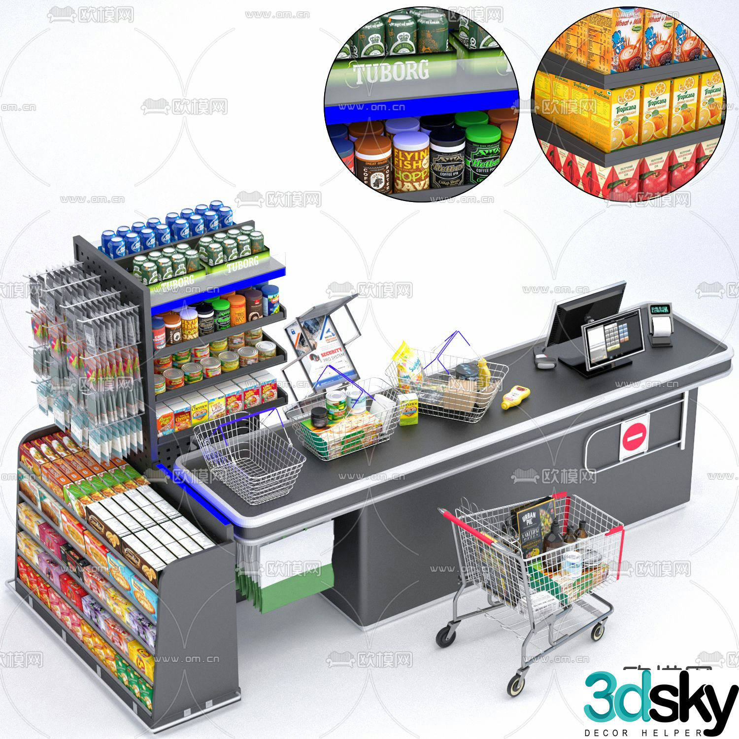 Modern supermarket checkout snack shelves 3d model
