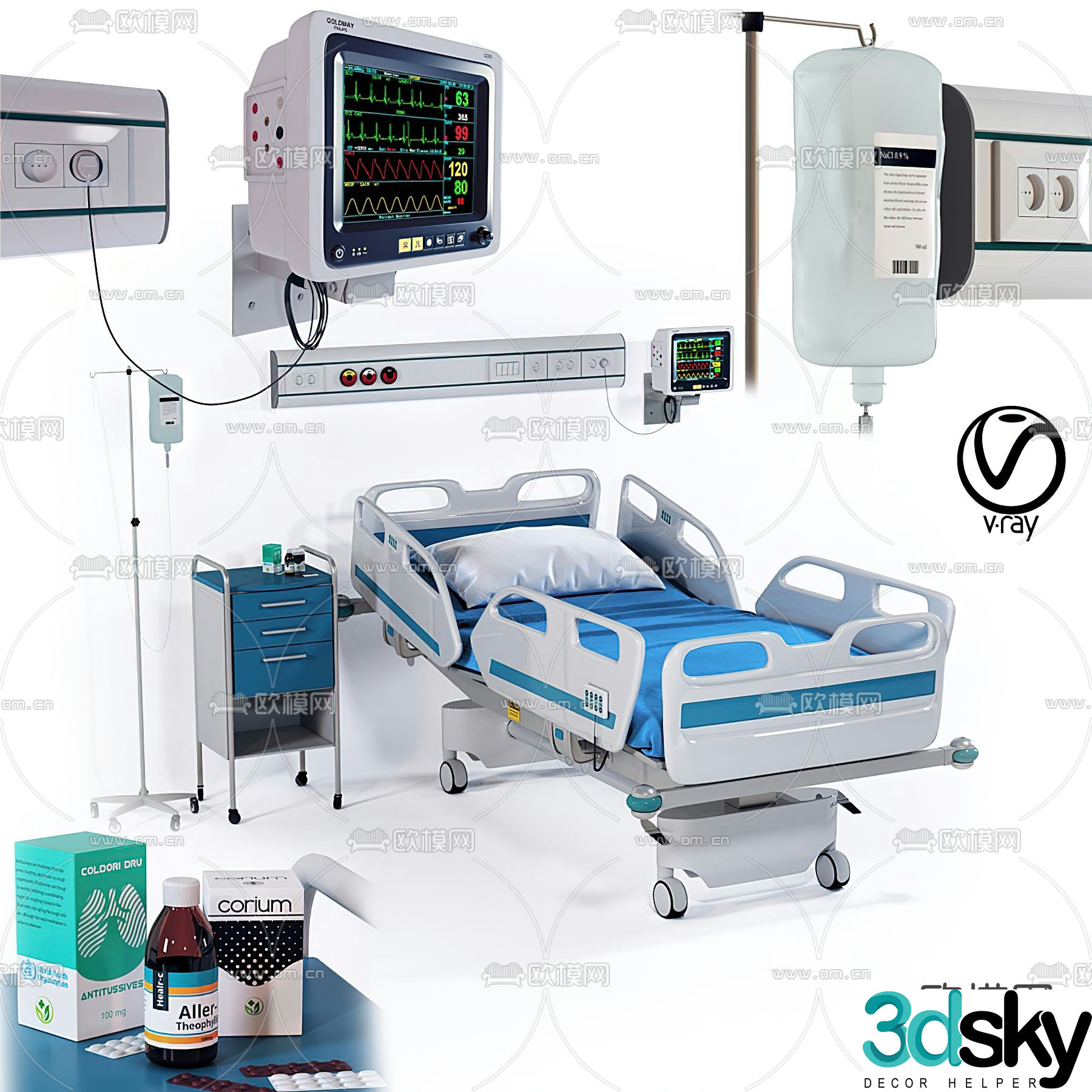 Modern hospital bed medical equipment 3d model