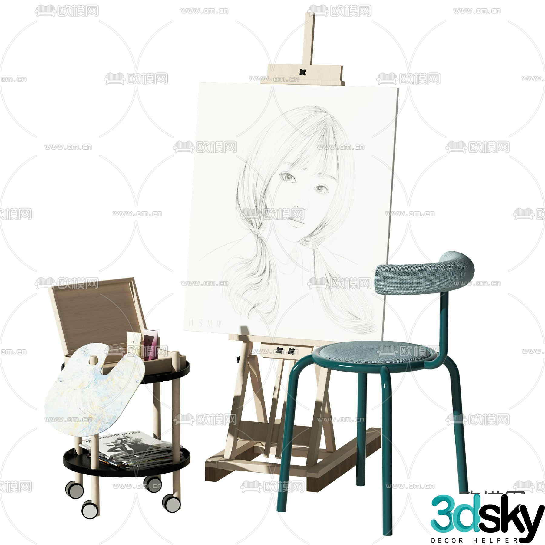 Modern art easel drawing board 3d model