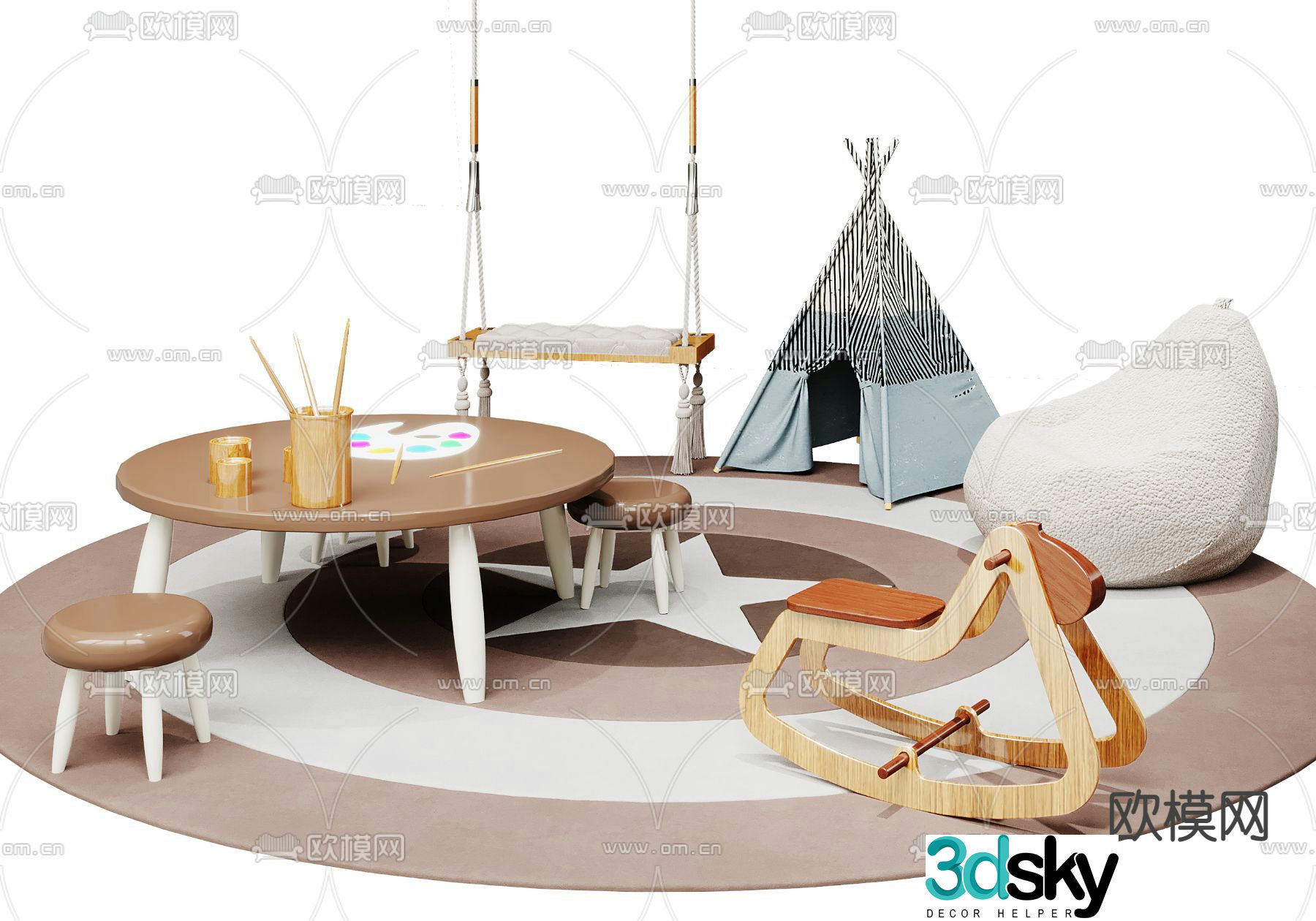 Modern round children’s table and chairs tent 3d model