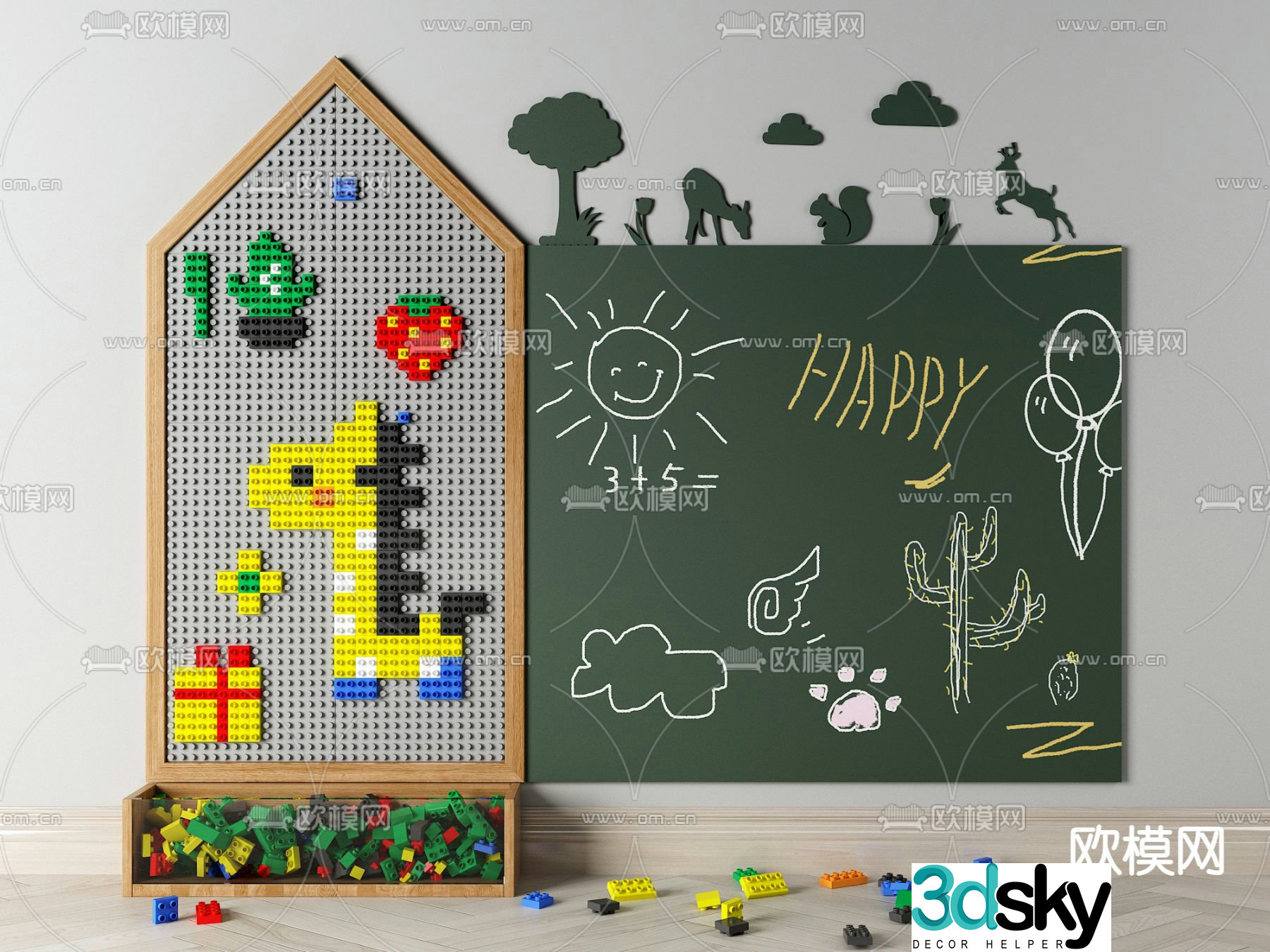Modern toy building blocks blackboard wall 3d model