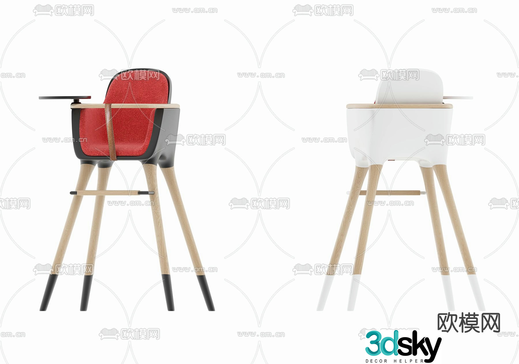 Modern solid wood baby dining chair 3d model