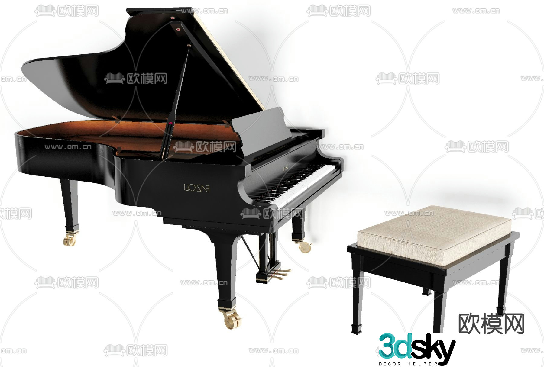 American black solid wood piano chair free 3d model