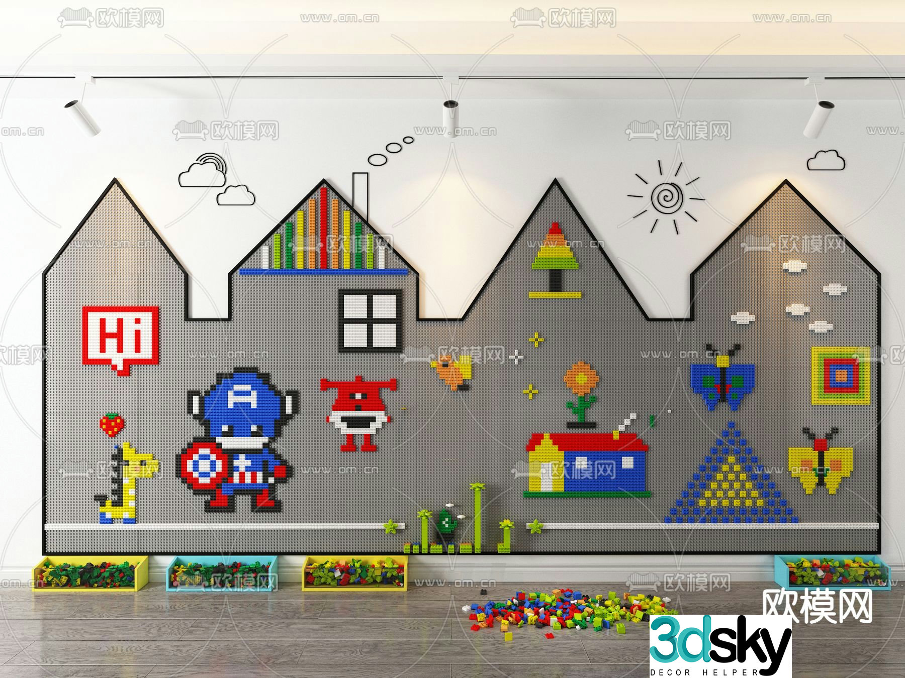 Modern Lego building block wall 3d model