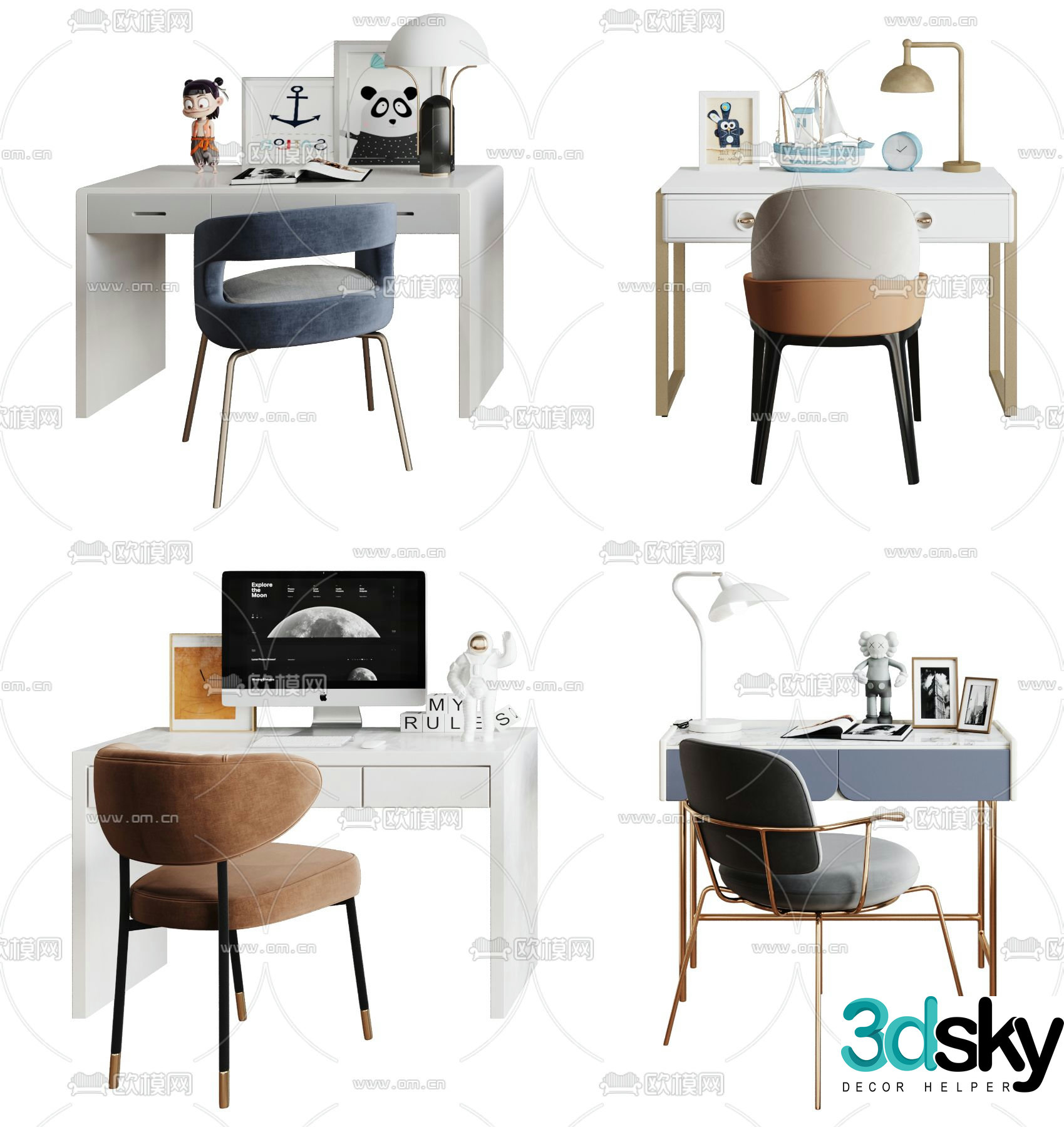 Modern light luxury children’s desk and chair 3D model