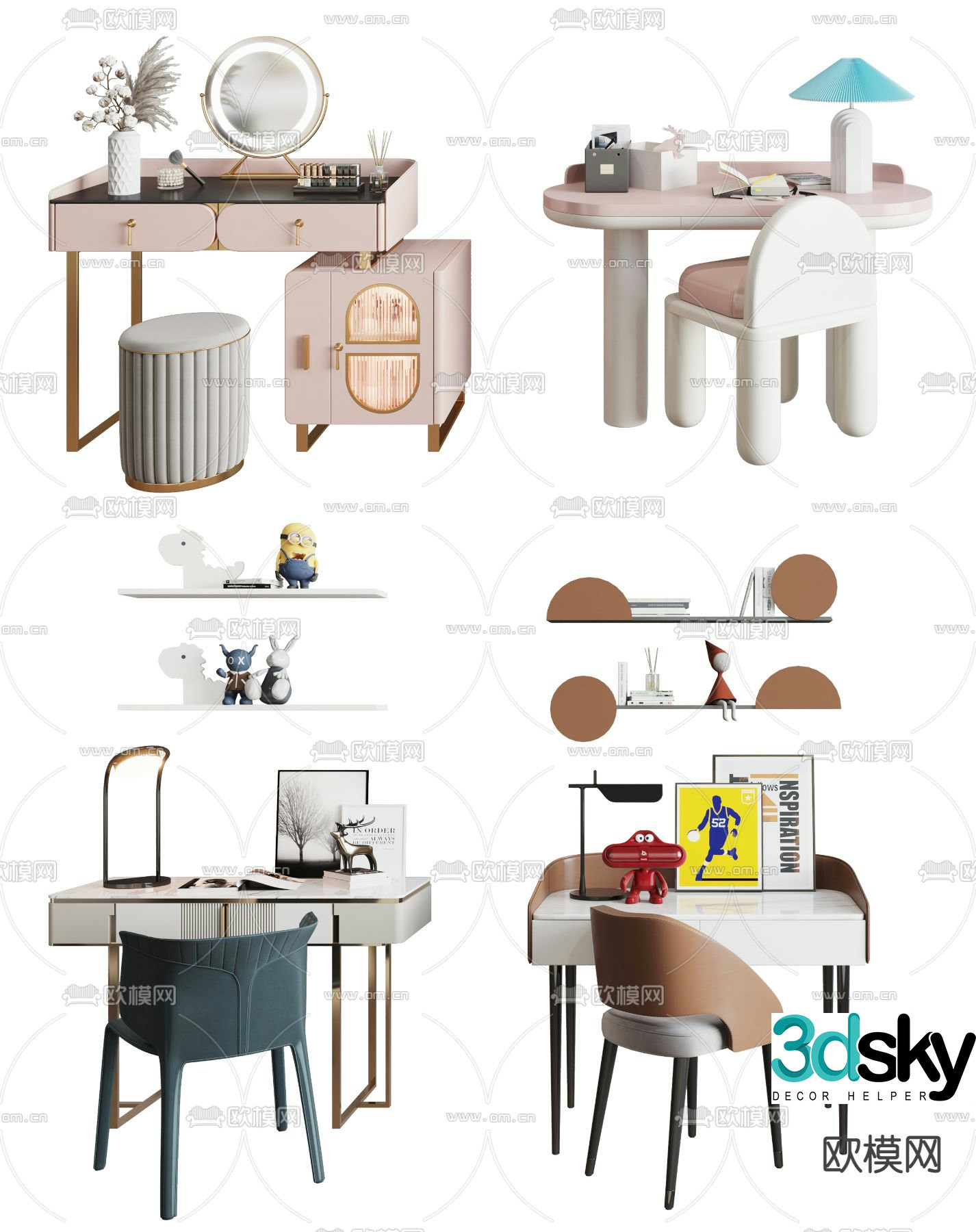 Modern light luxury children’s desk chair and dresser 3D model