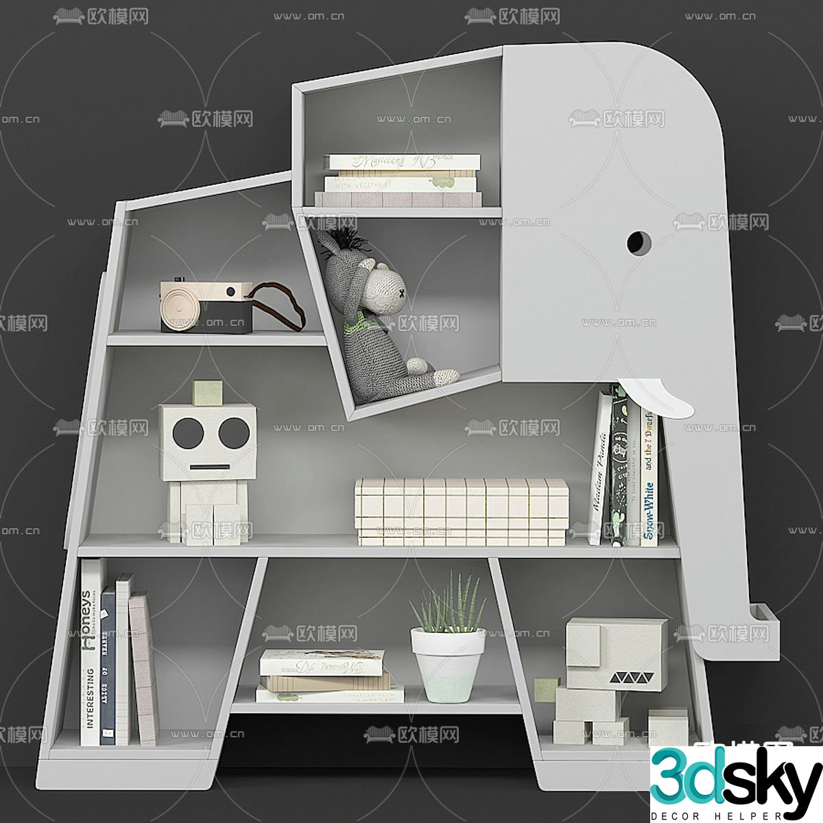 Modern elephant shaped children’s bookshelf 3D model