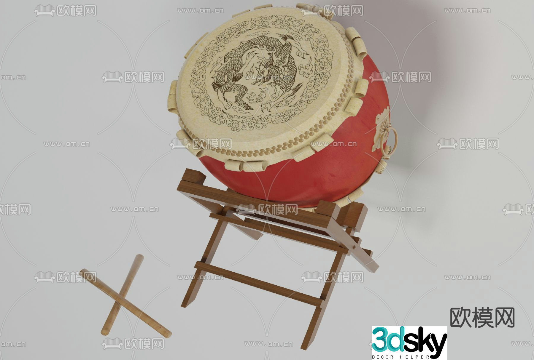Chinese solid wood drum free 3d model