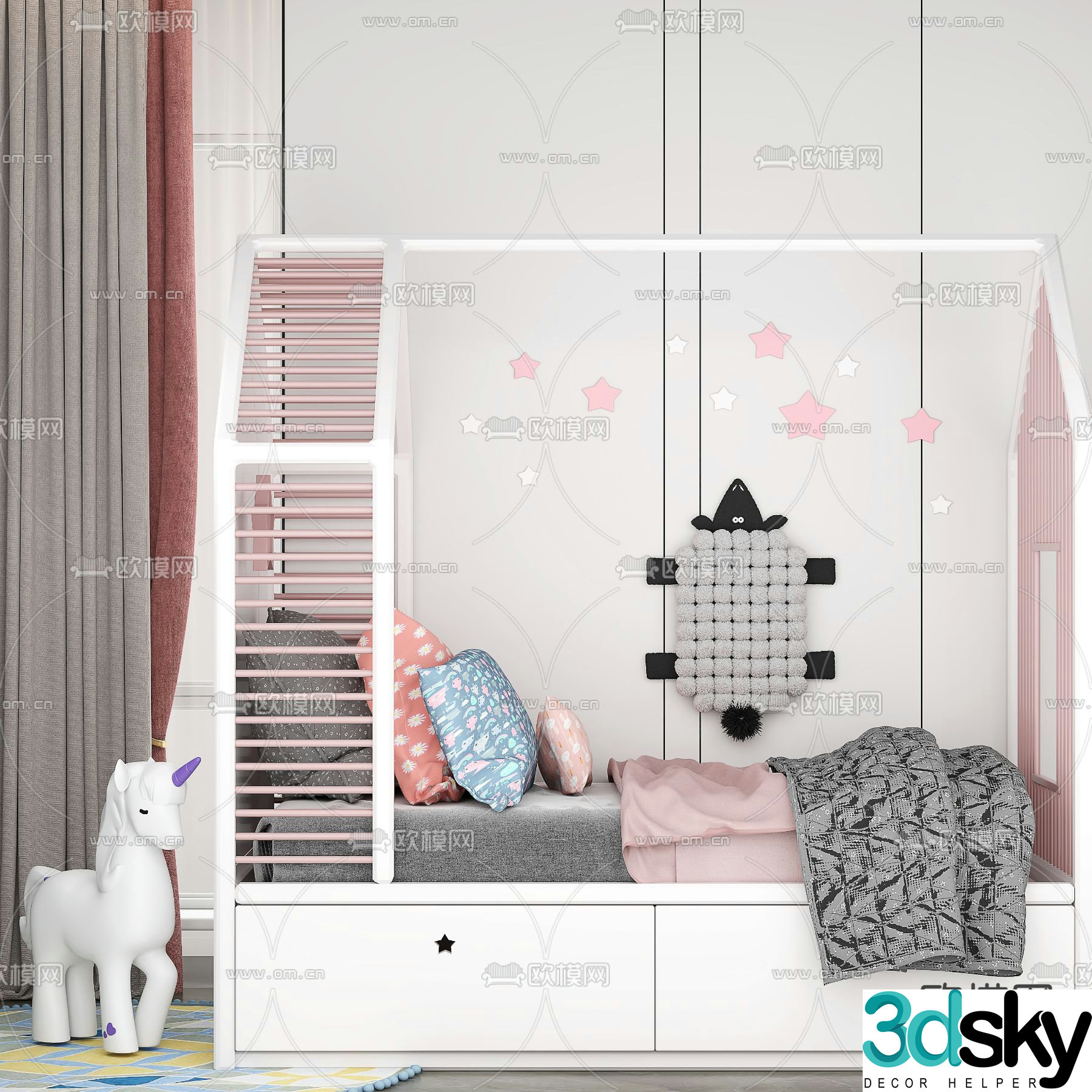 Nordic solid wood children’s bed 3d model