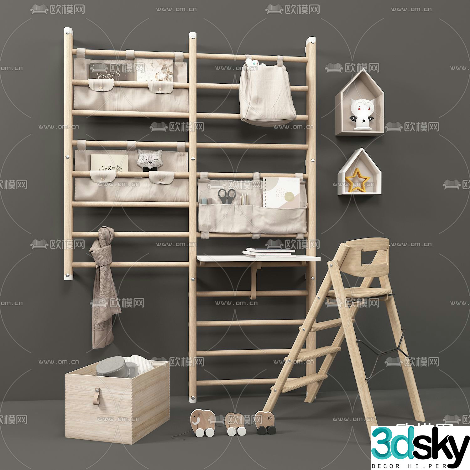 Modern children’s desk and chair storage hanging bag 3D model