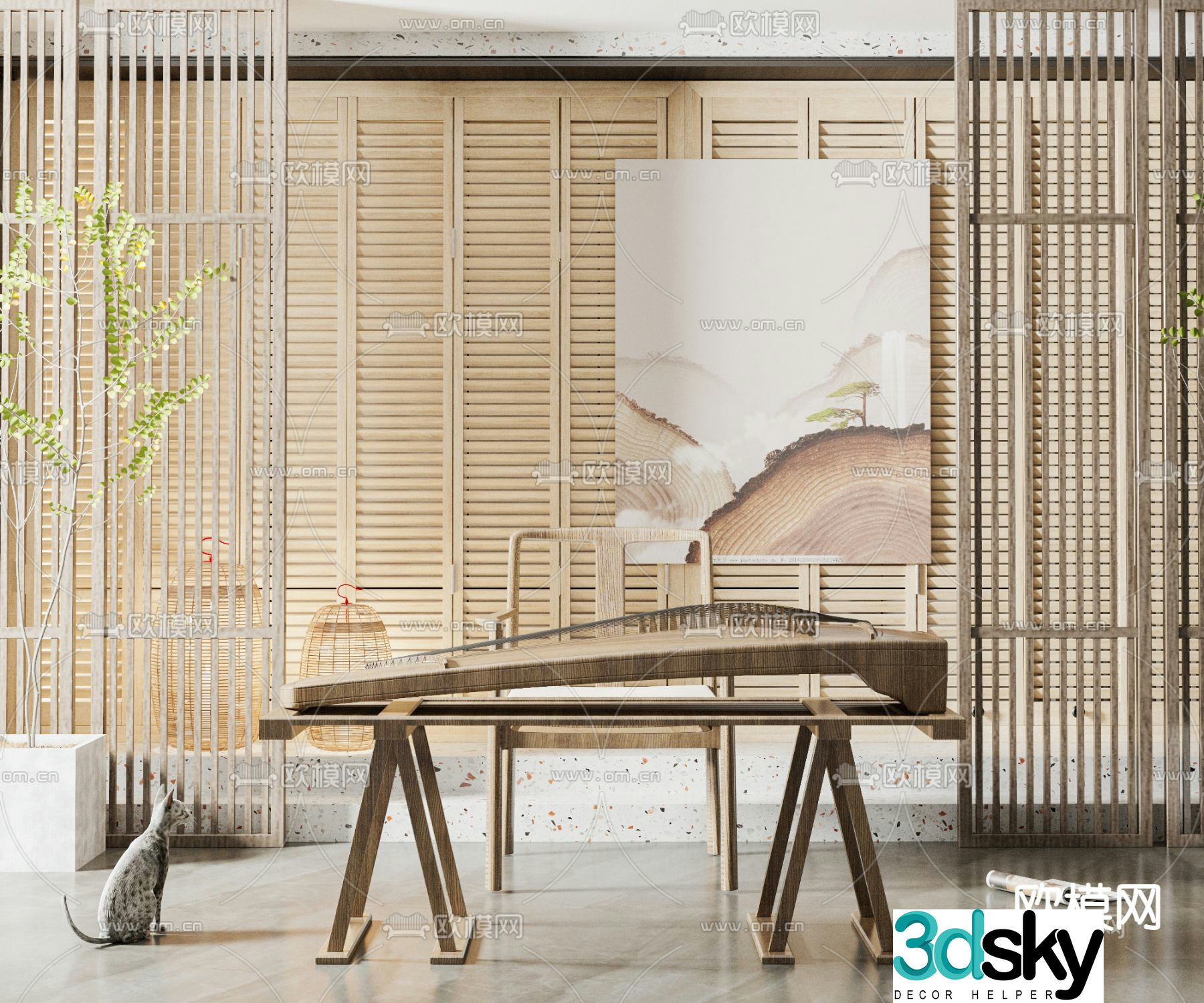 New Chinese style solid wood guzheng 3D model