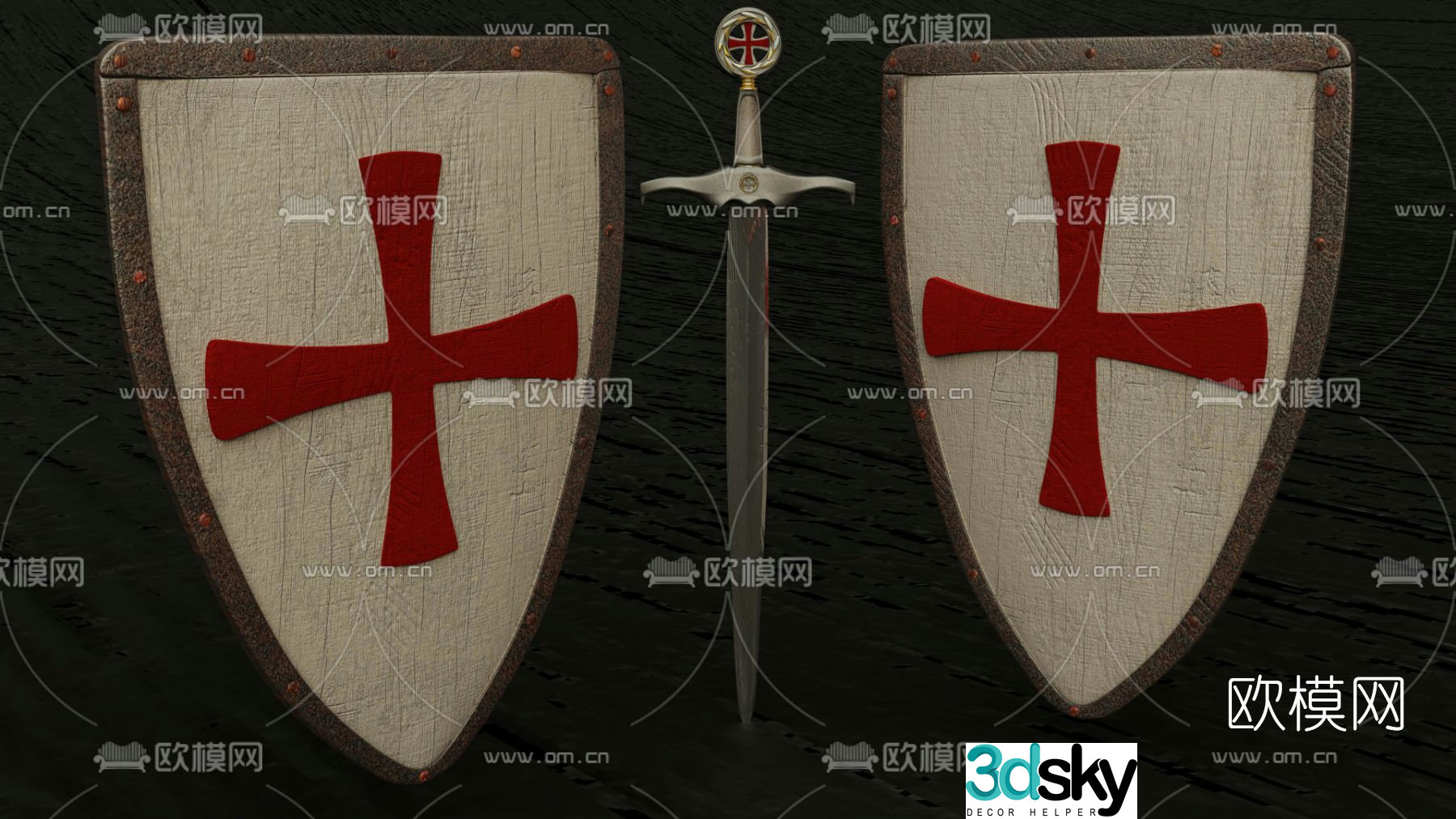 Free 3d model of simple European sword and shield cold weapon