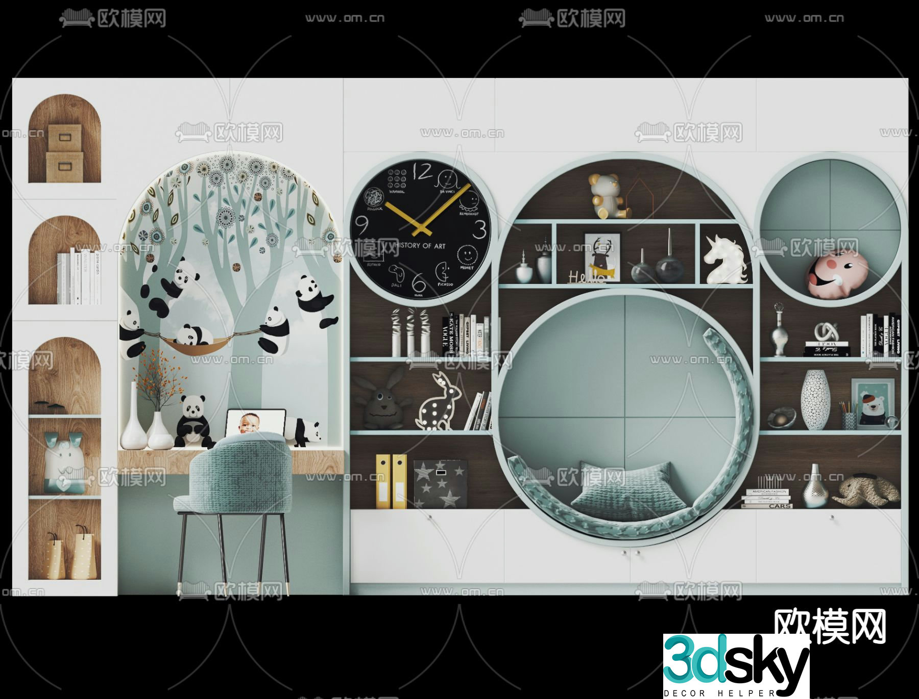 Modern children’s room integrated bookcase desk 3d model