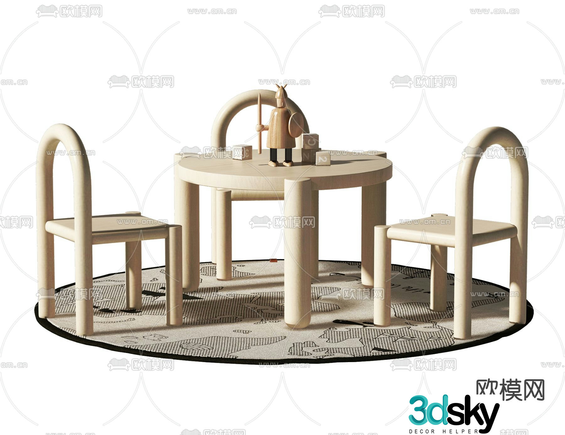 Modern children’s solid wood leisure table and chairs 3d model