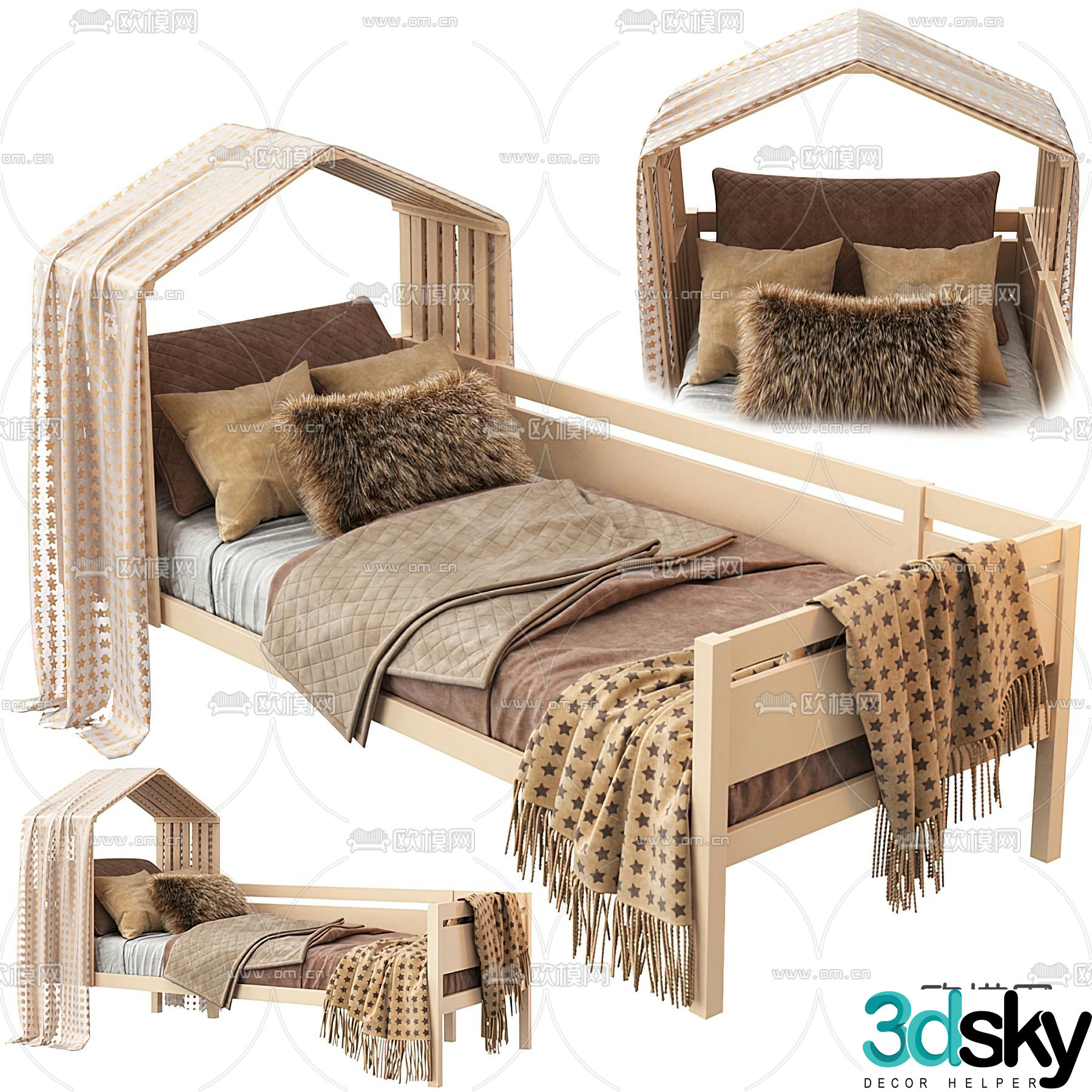 Modern solid wood children’s bed 3d model