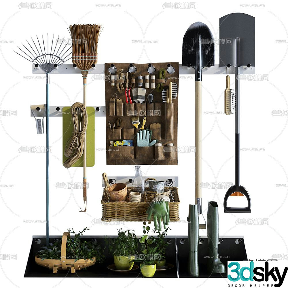 Modern gardening hardware tools shovel broom 3d model