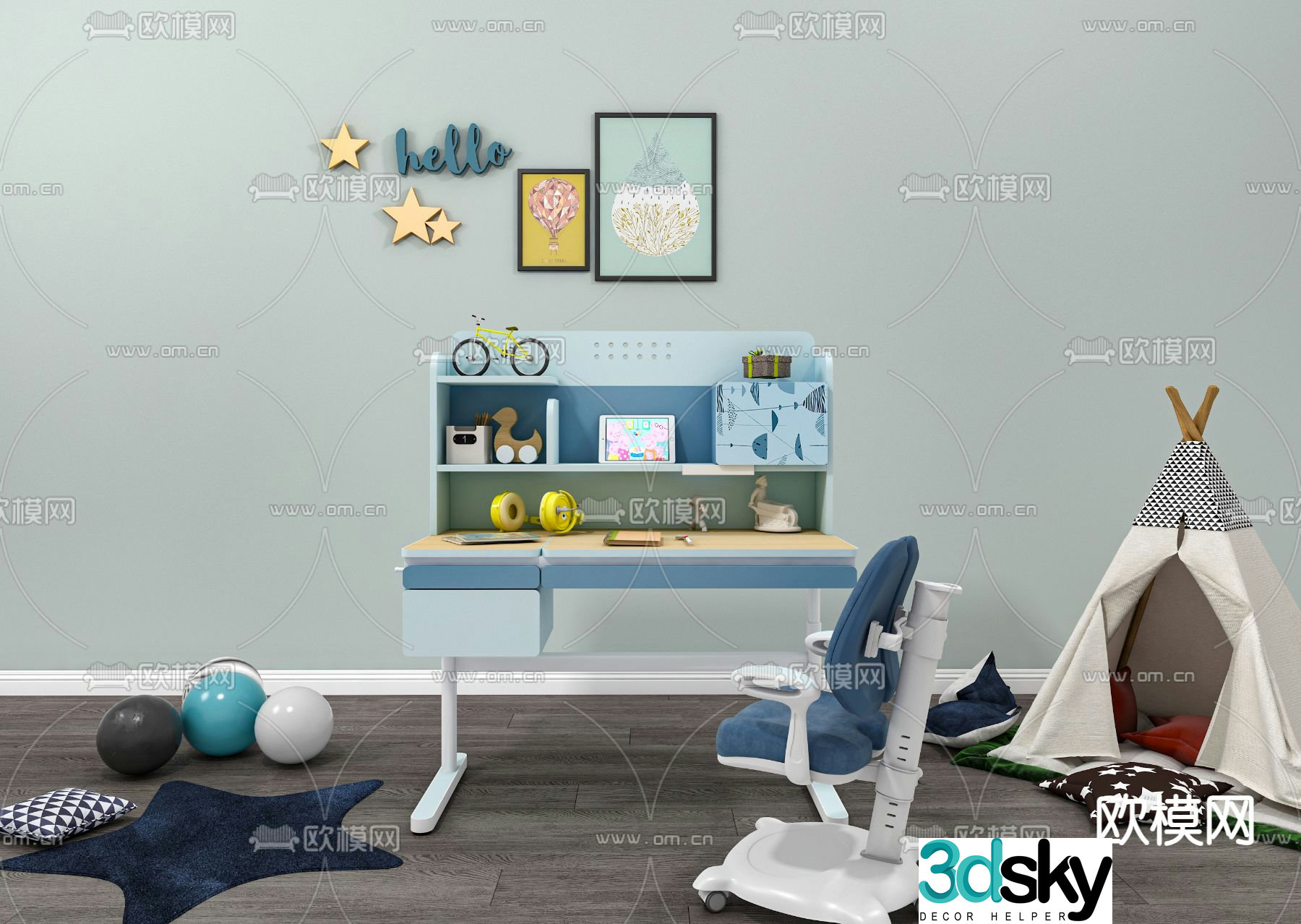 Modern children’s study desk and chair 3d model