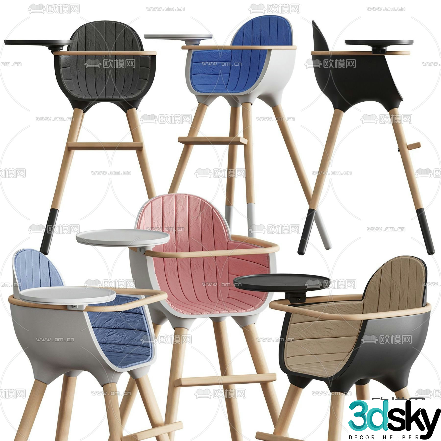Modern solid wood baby chair 3d model
