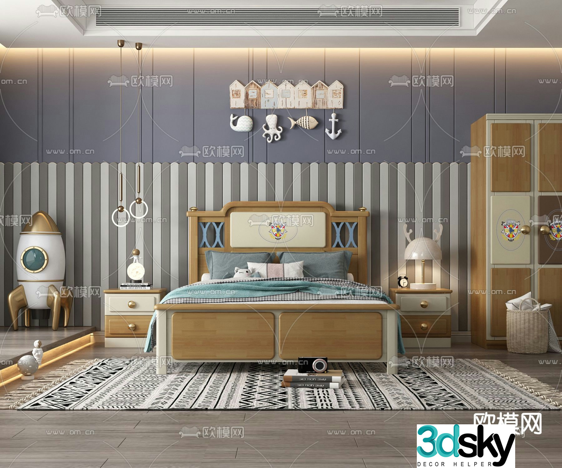 American solid wood children’s bed 3D model