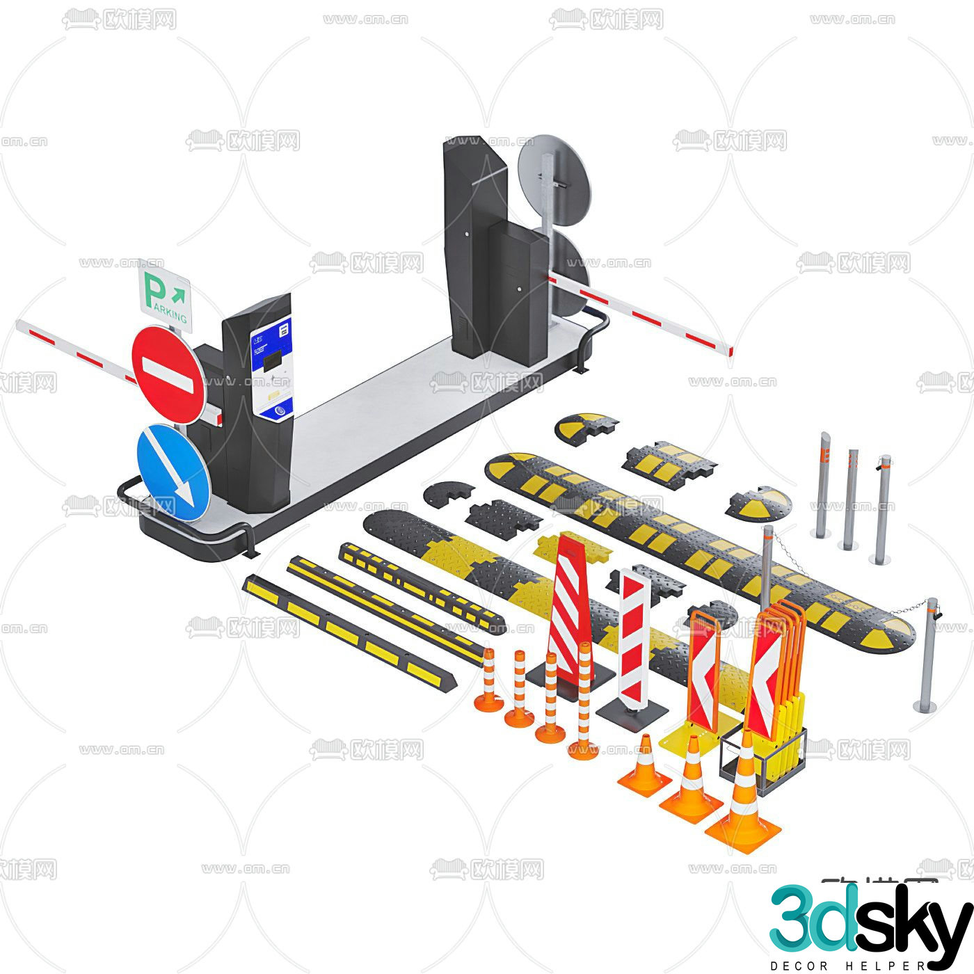 Modern parking lot entrance gate speed bump roadblock 3d model