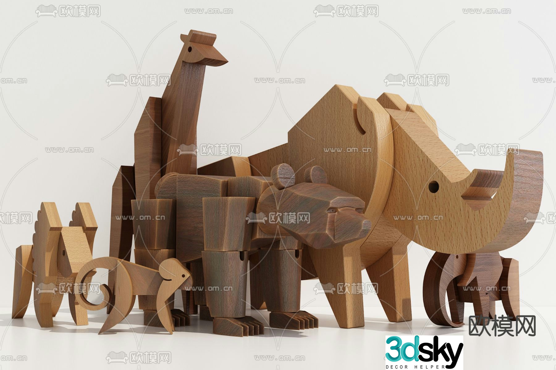 Modern animal wooden building blocks toy 3d model