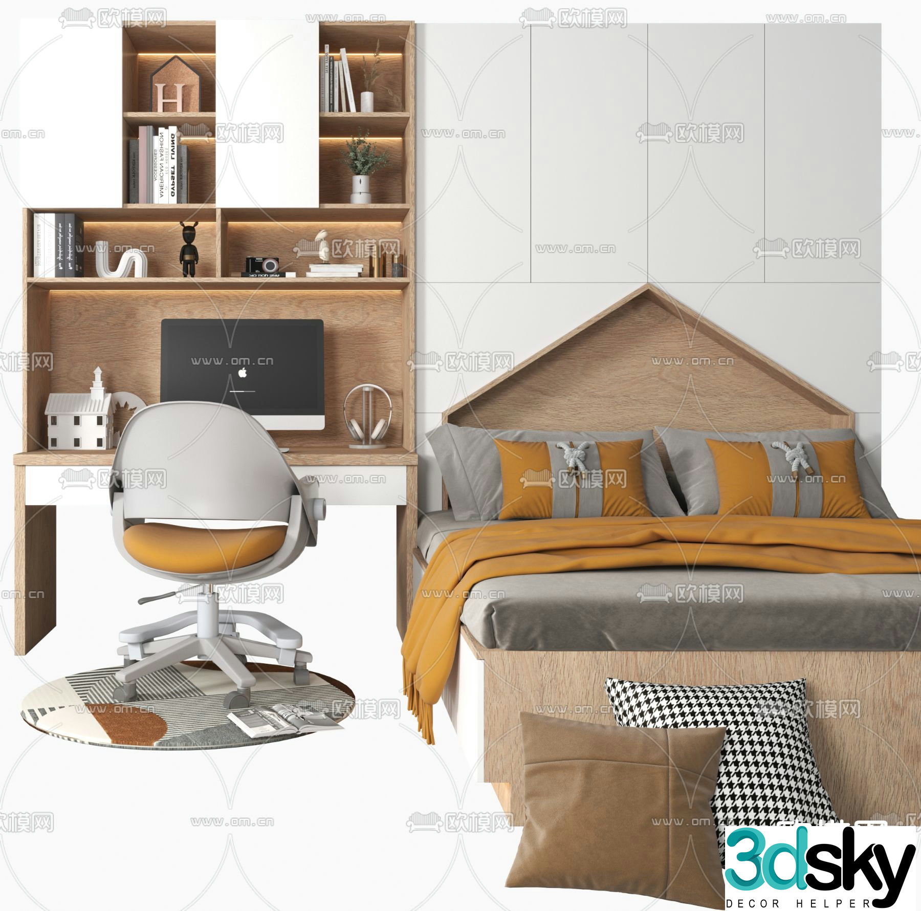 Modern tatami children’s bed desk 3d model