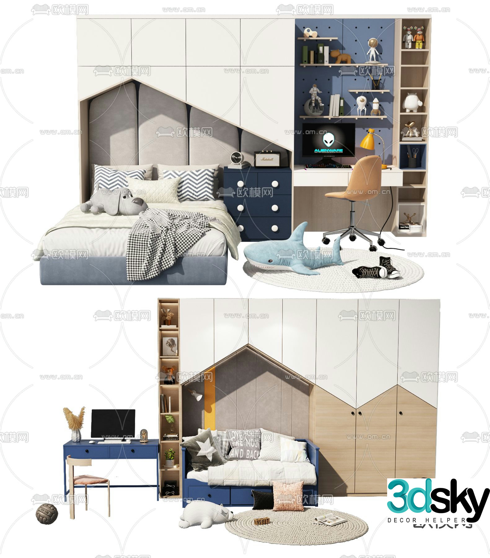 Modern children’s bed desk wardrobe integrated 3d model