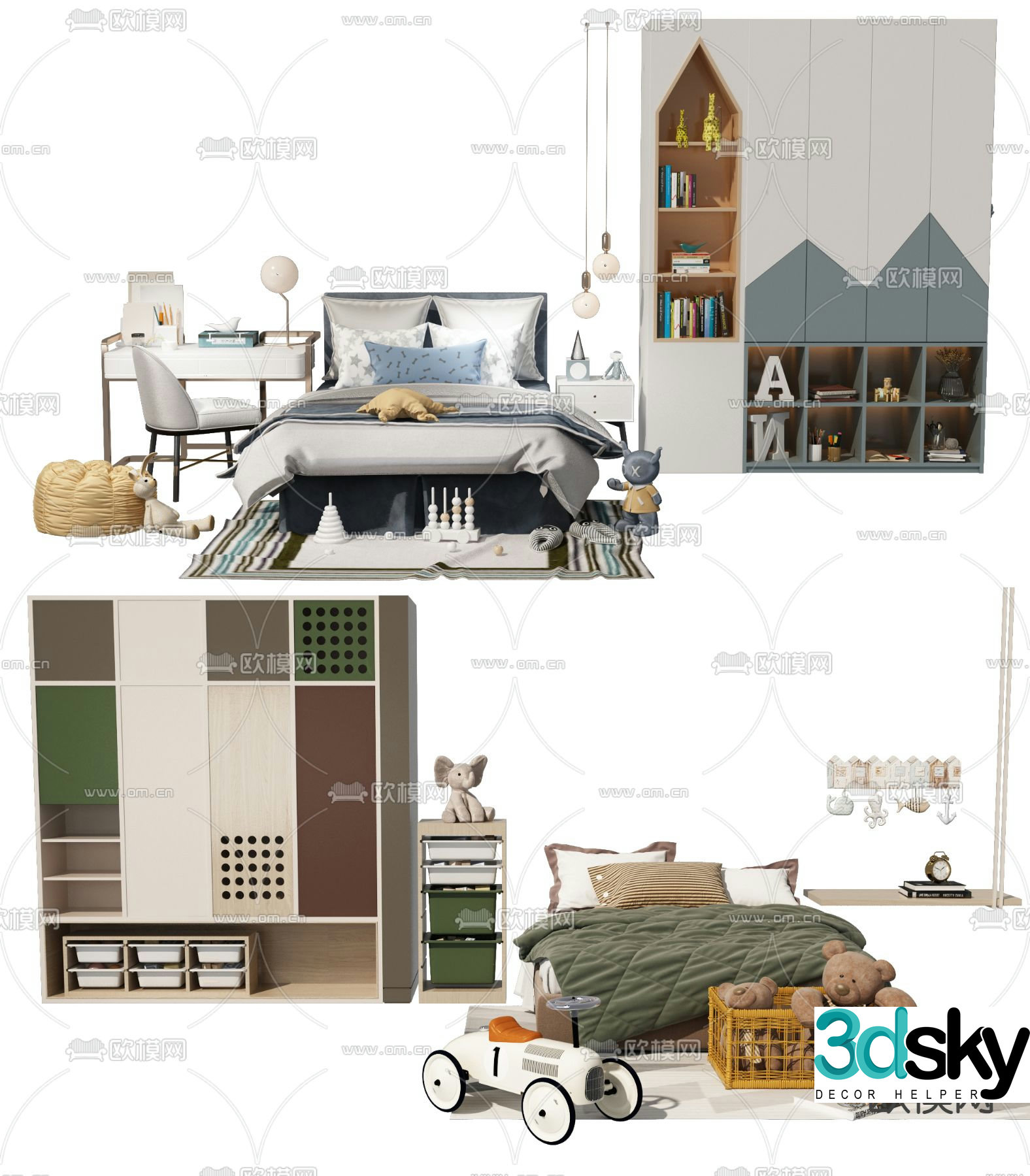 Modern children’s bed and children’s wardrobe combination 3d model