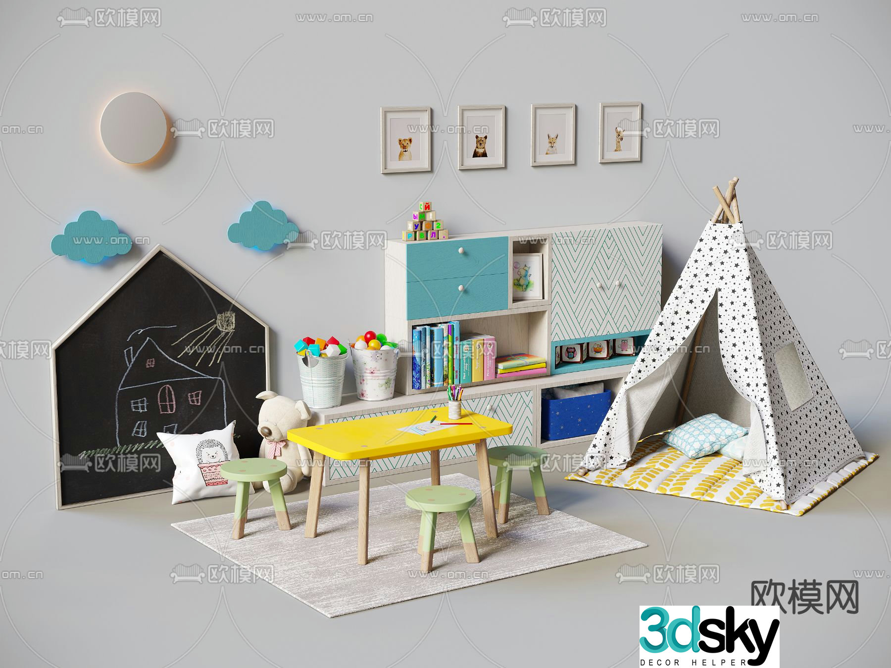 Nordic children’s table and chairs tent children’s cabinet 3d model