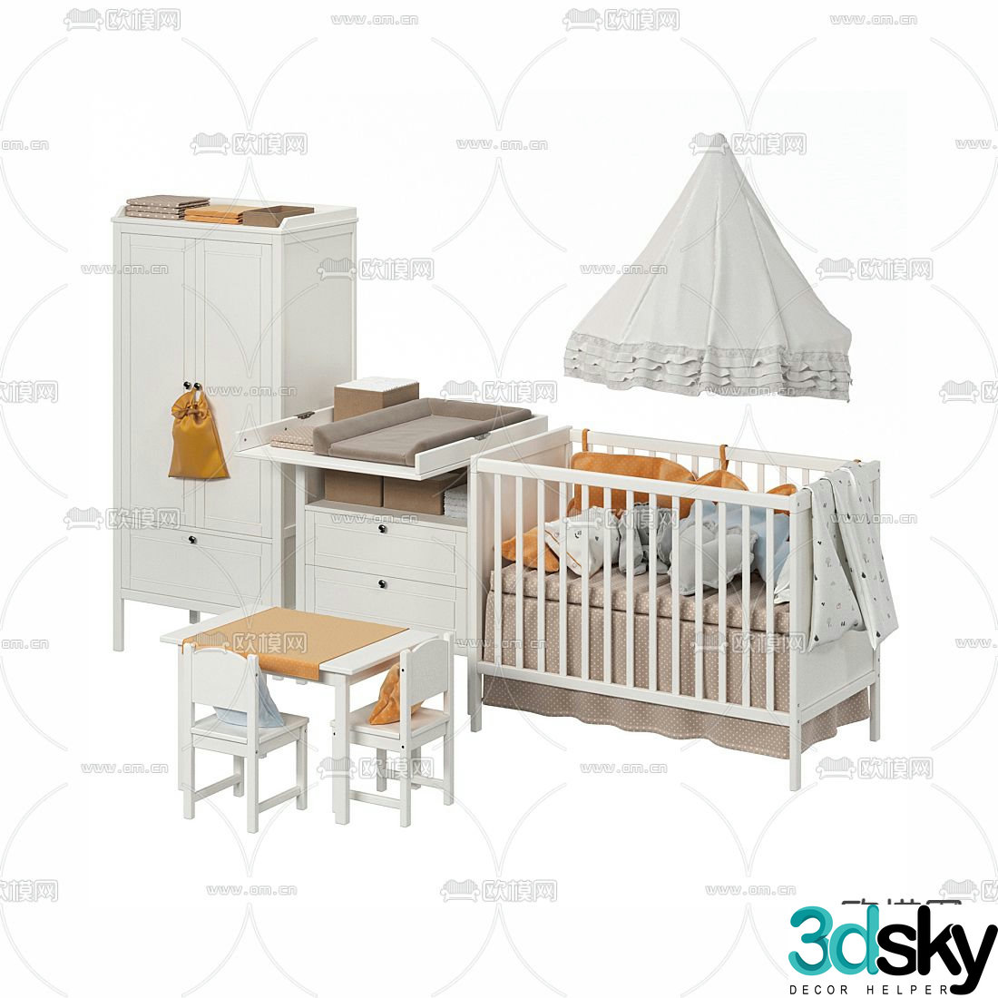 Modern children’s table and chair crib 3d model