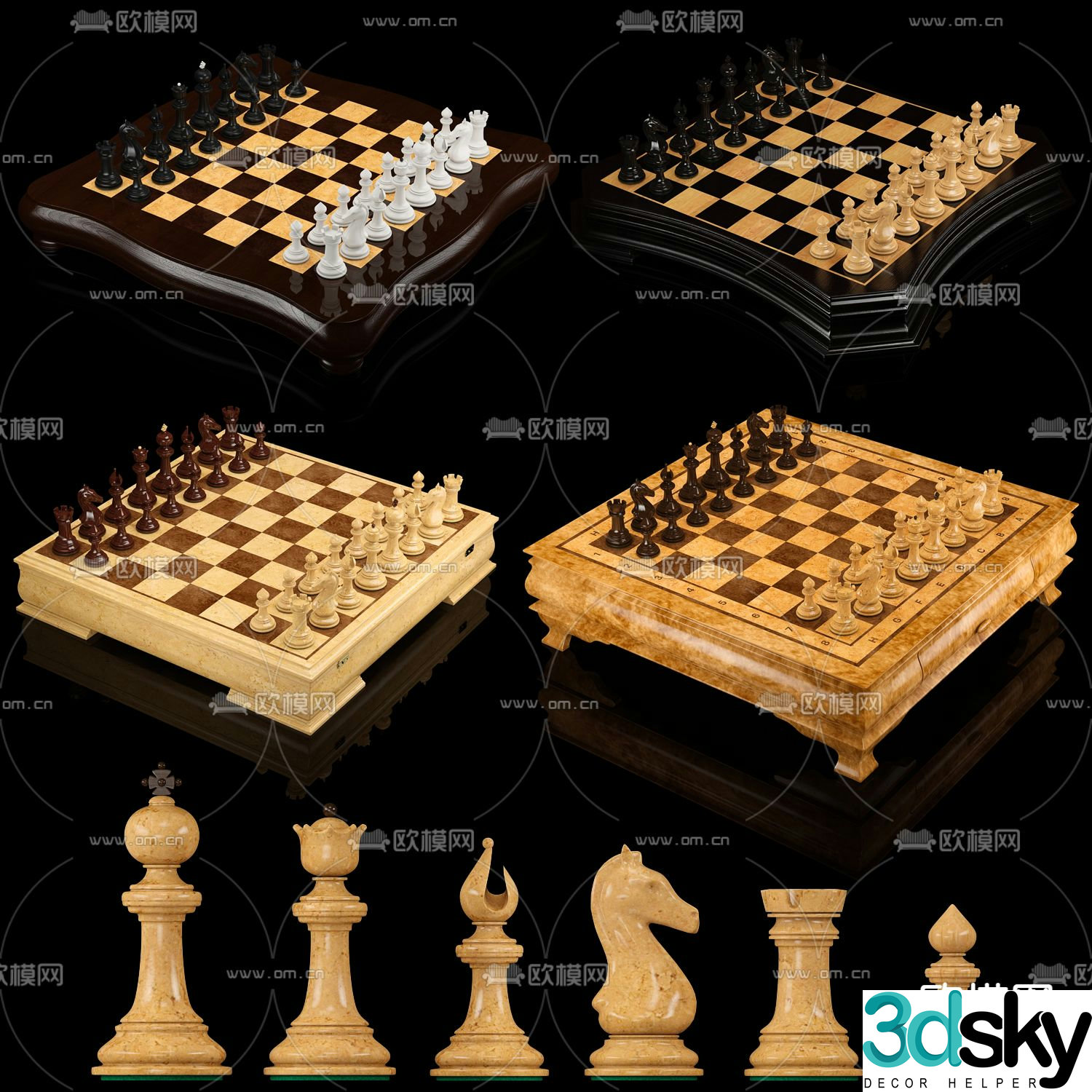 Modern solid wood chess 3d model