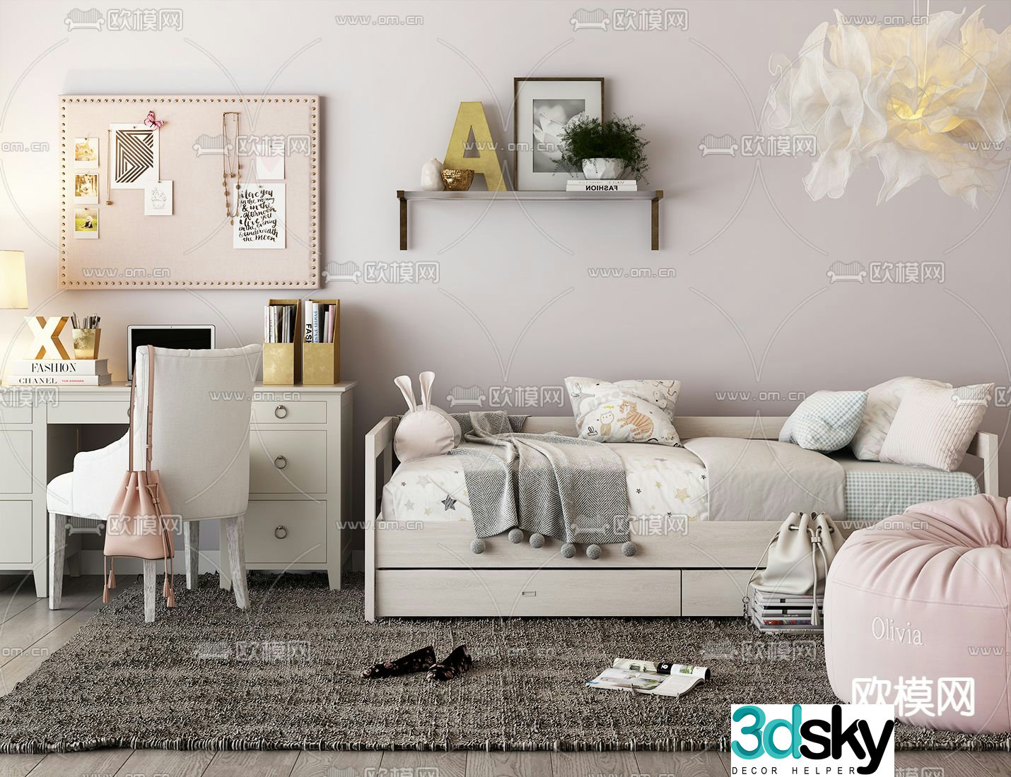 Modern children’s bed desk chair 3d model