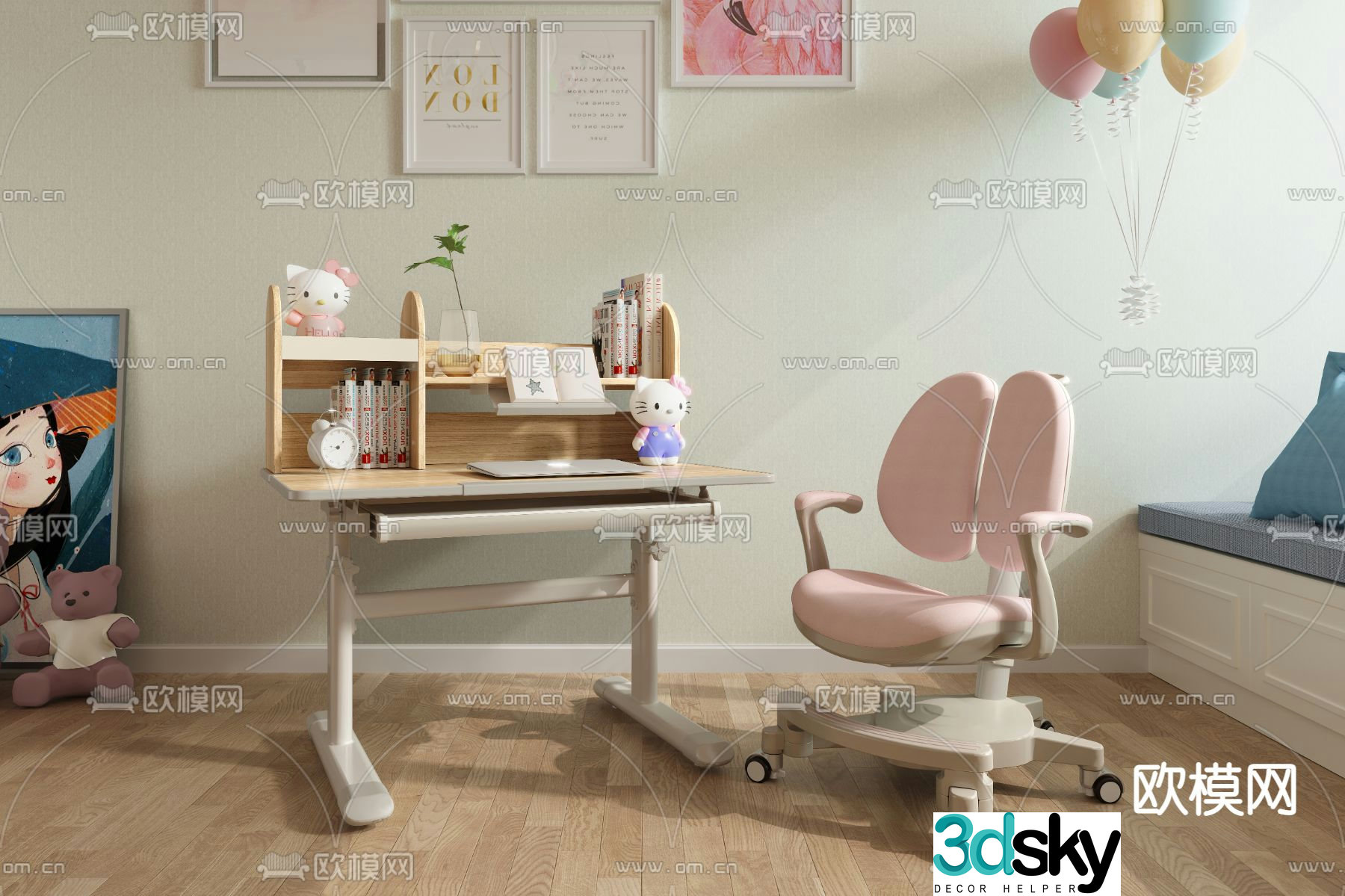 Modern children’s study desk and chair 3d model