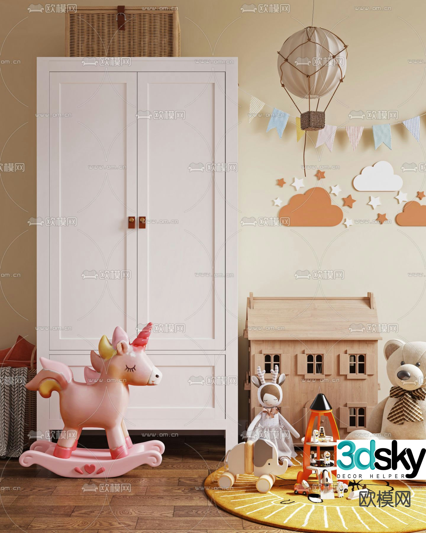 Nordic solid wood children’s wardrobe 3d model