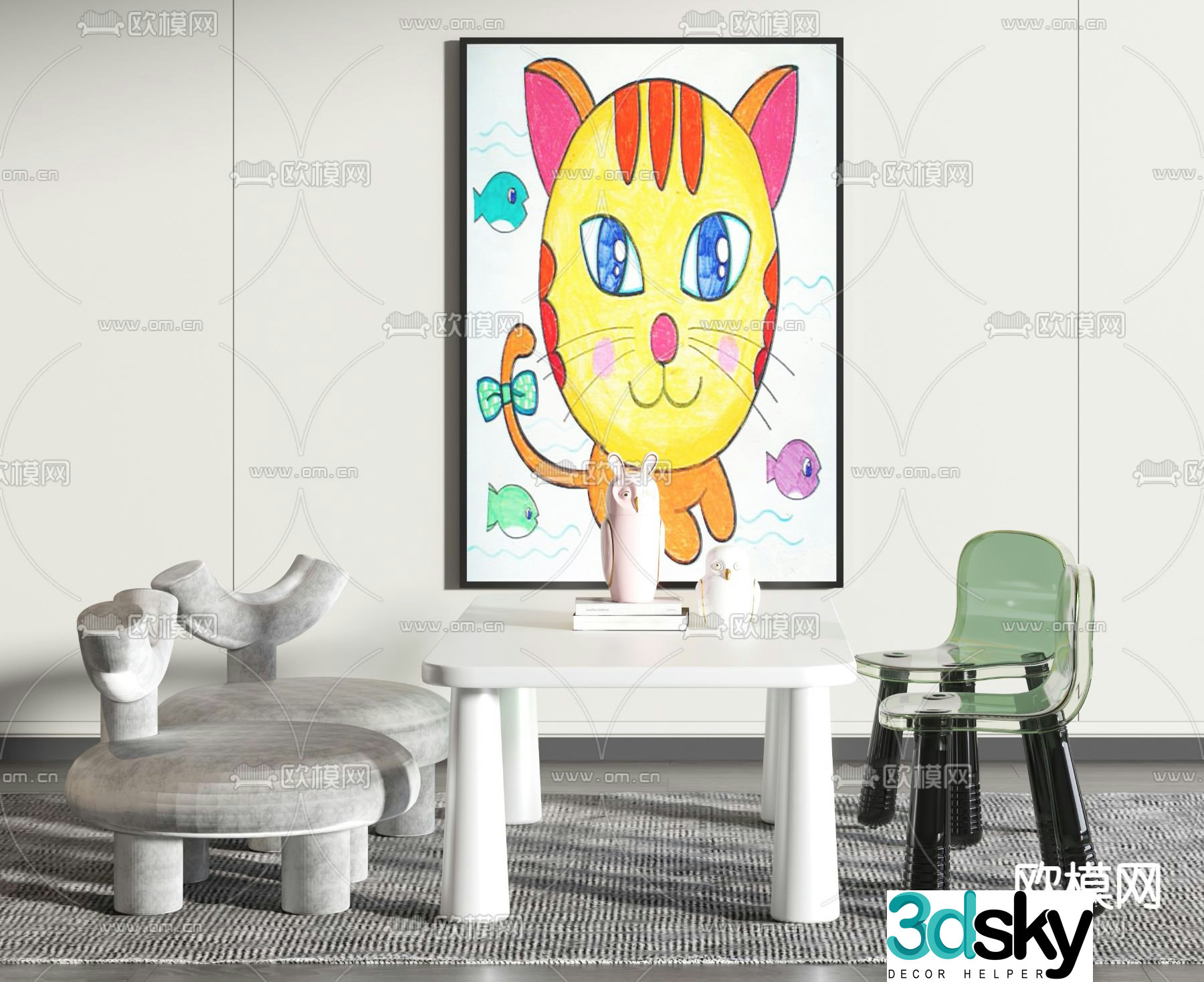 Modern strip children’s table and chair 3d model