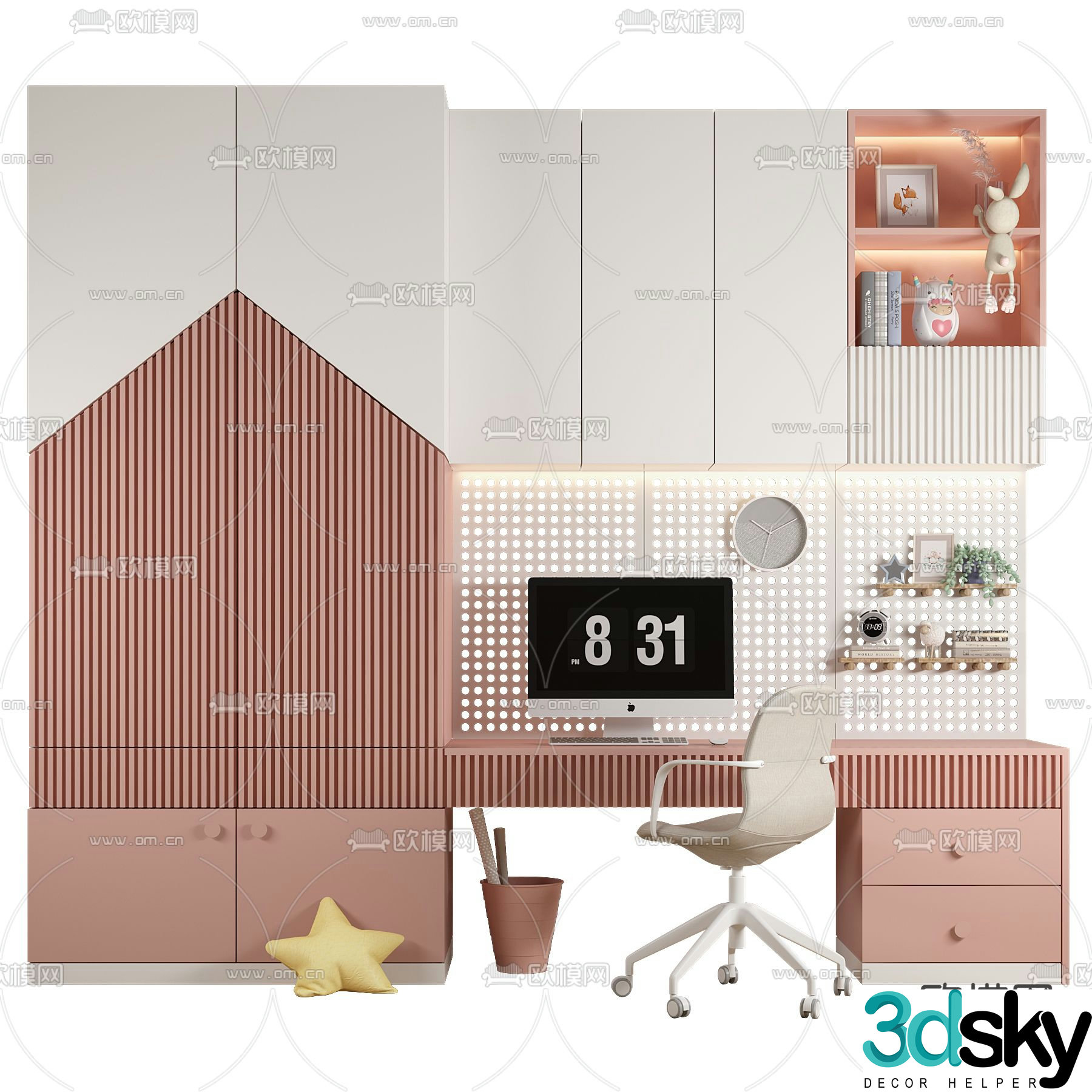 Modern children’s integrated bookcase table and chair 3d model