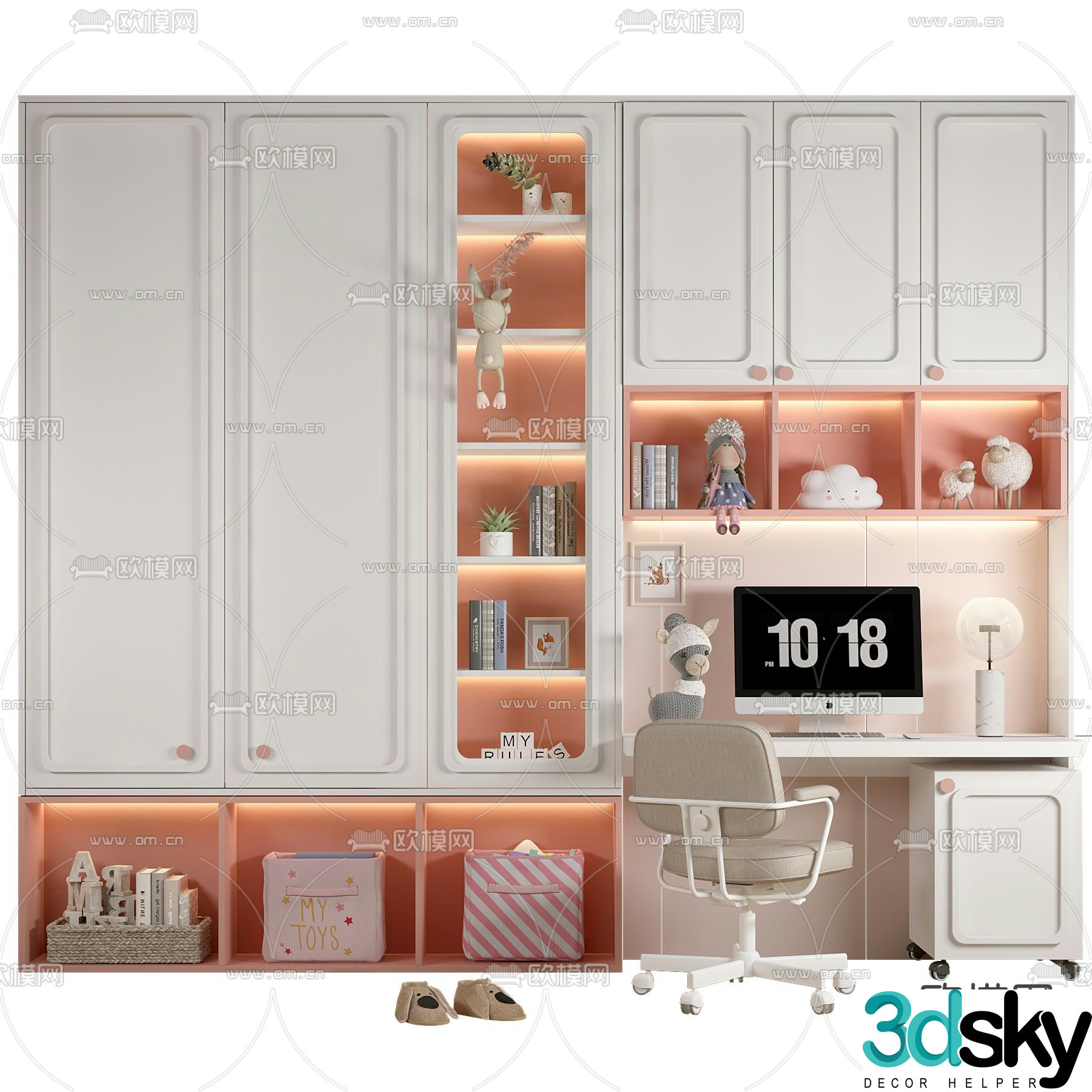 Modern children’s integrated bookcase table and chair 3d model