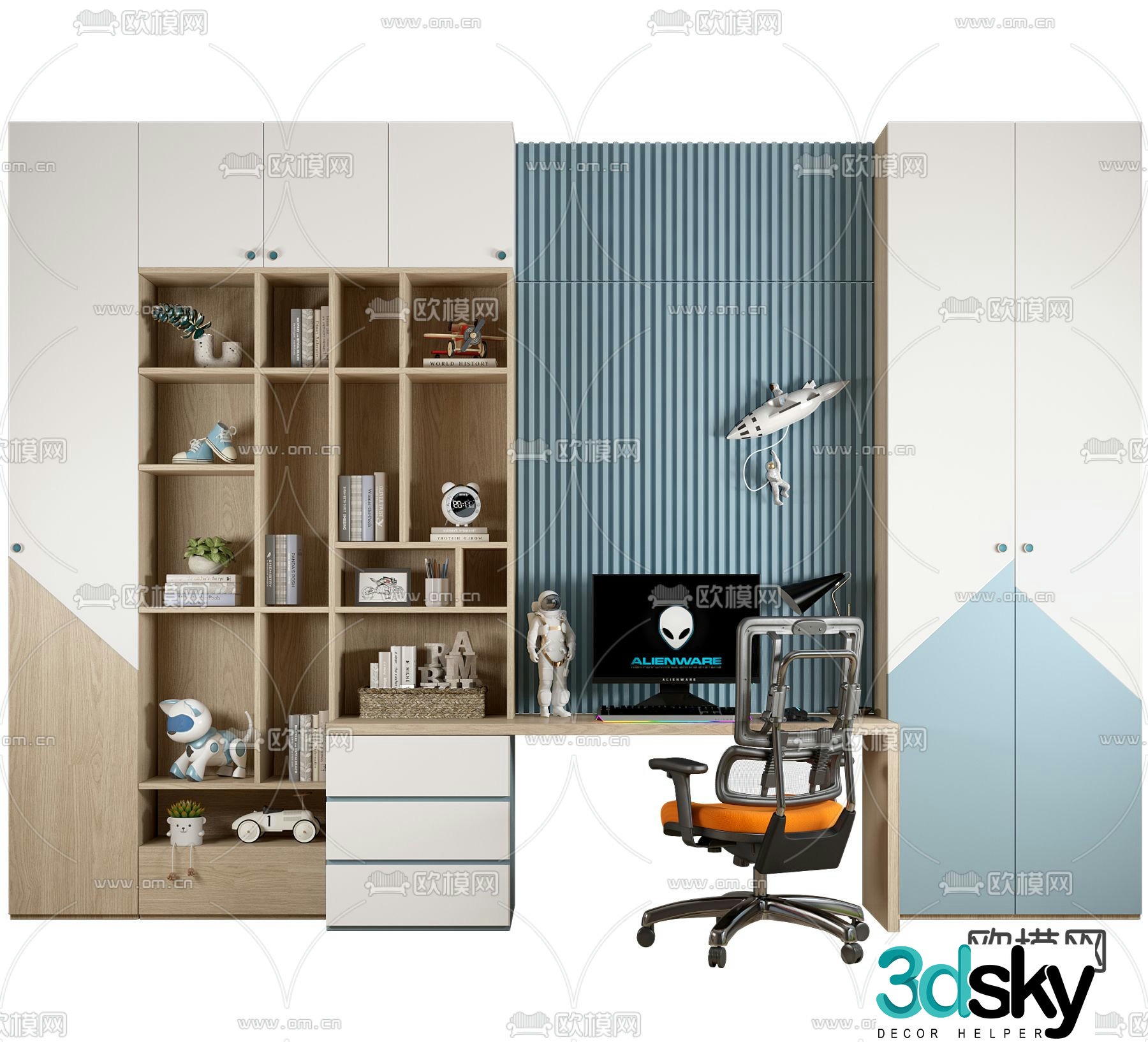 Modern all-in-one children’s cabinet desk chair 3d model