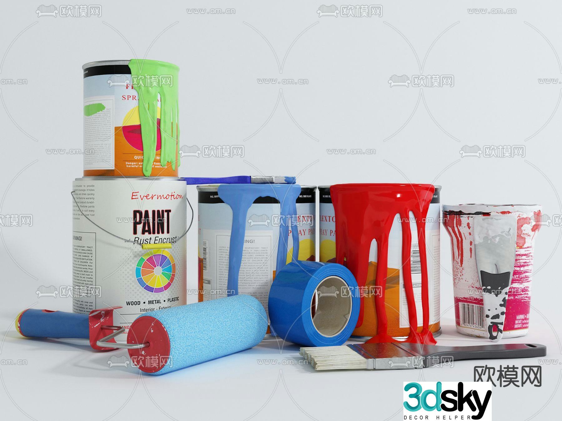Modern paint bucket roller brush tool 3d model
