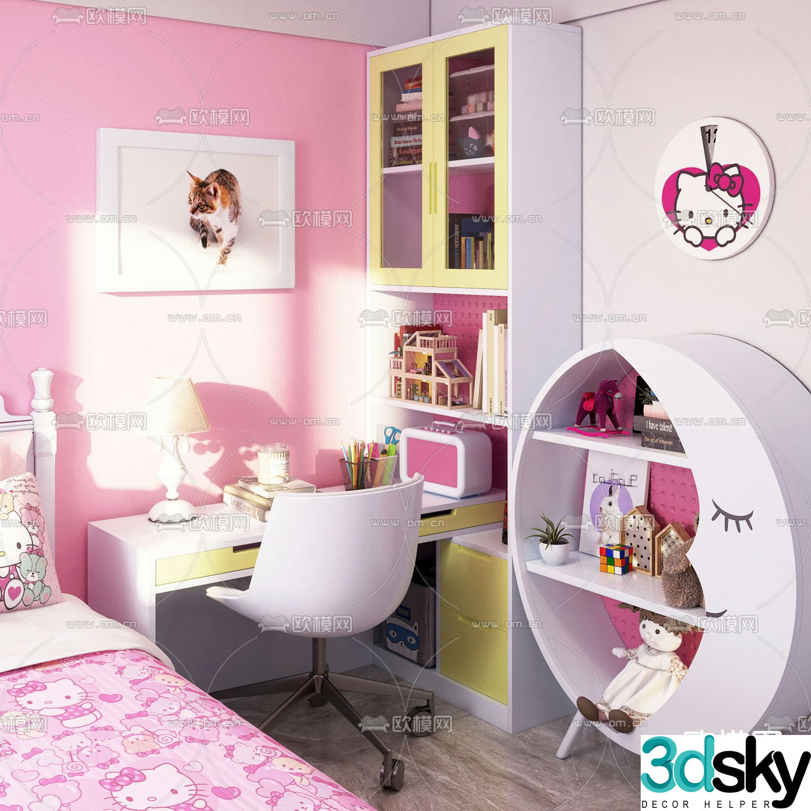 Modern children’s princess desk moon bookcase 3d model