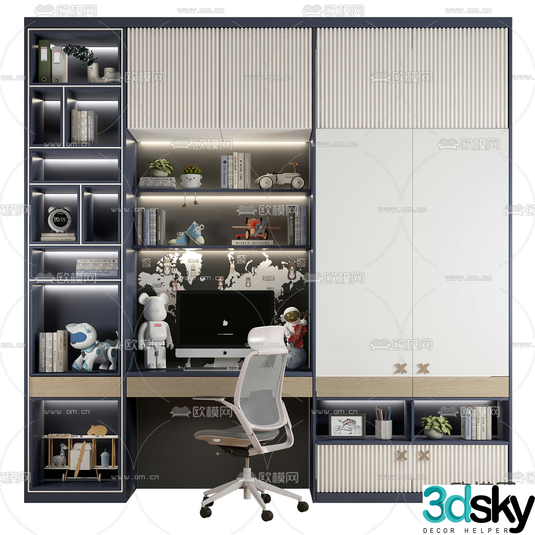 Modern children’s integrated desk bookcase 3d model